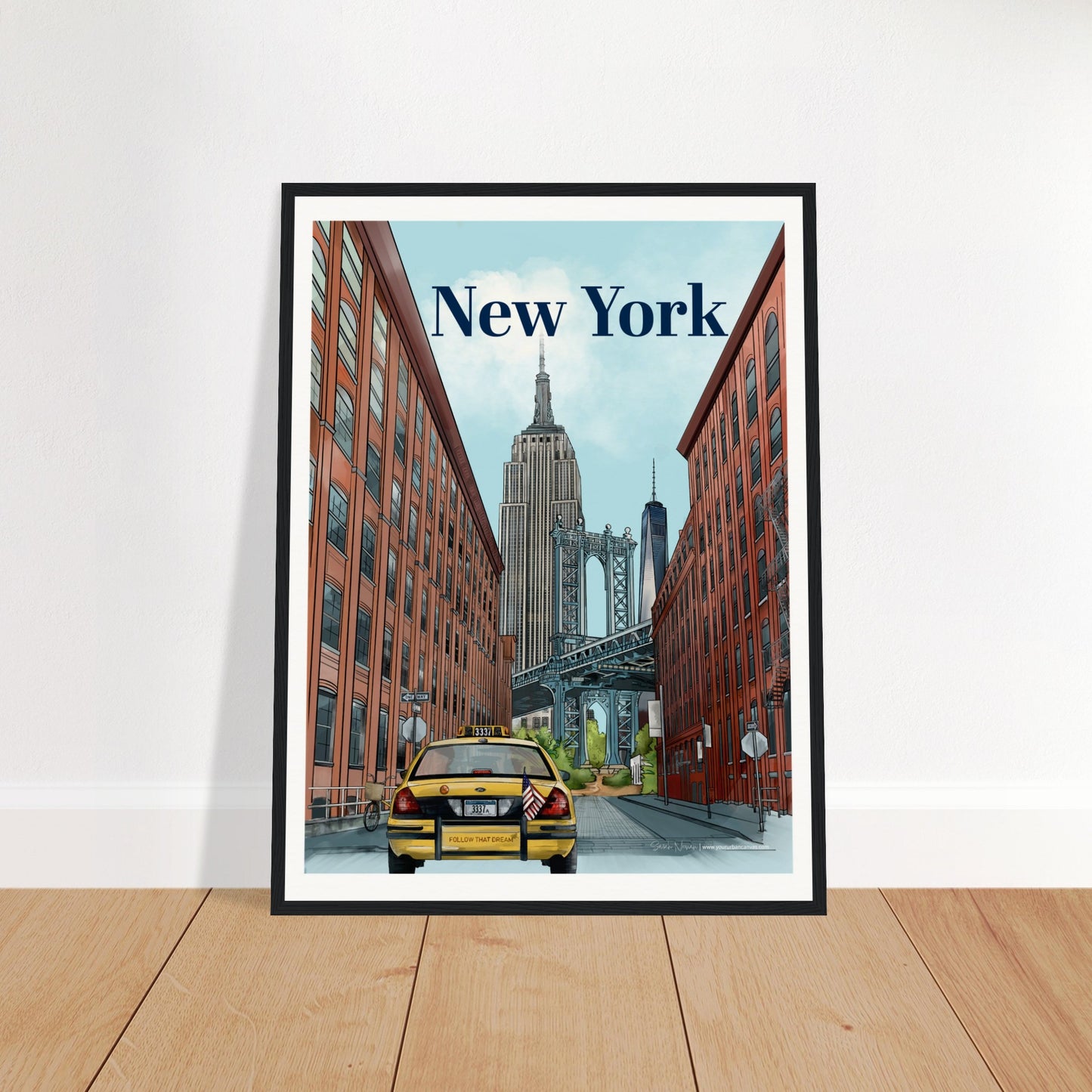 New York - Bold Typography print, size 45x60cm, framed in black wood, featuring a dynamic cityscape with the Dumbo Manhattan Bridge, iconic skyscrapers, a yellow cab, and vibrant street signage