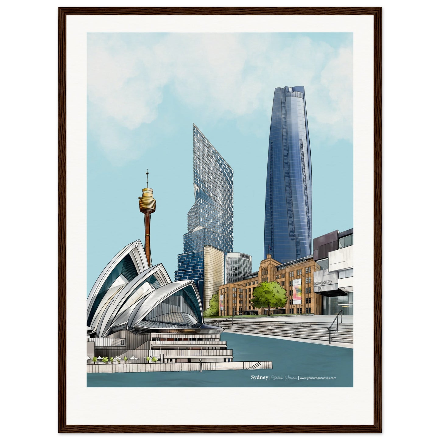 Sydney - Personalised Subtle Title print, size 45x60cm, framed in dark wood, featuring the iconic Harbour with the Opera House and MCA, customised just for you.