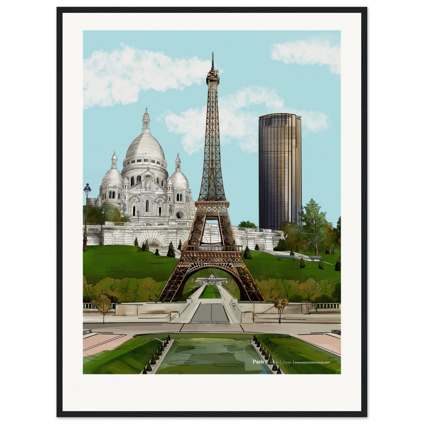 Paris - Add a message to your Subtle Titled city print, 60x80cm with black frame - capturing the subtle beauty of Paris landmarks: Eiffel Tower, Sacre-Coeur, and Tour Montparnasse, offering a modern yet serene cityscape for your space.