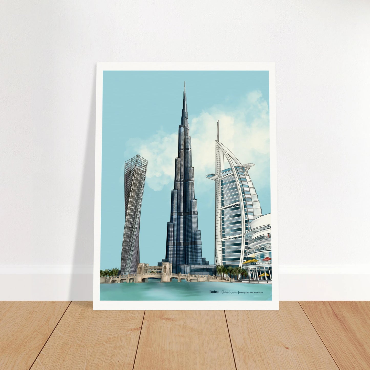 Dubai - Subtle Typography city print, 45x60cm - capturing the elegance of Burj Khalifa, the sail-shaped Burj Al Arab, the twisting Cayan Tower, and the sprawling Dubai Mall. Soft tones evoke a serene Dubai cityscape for your home