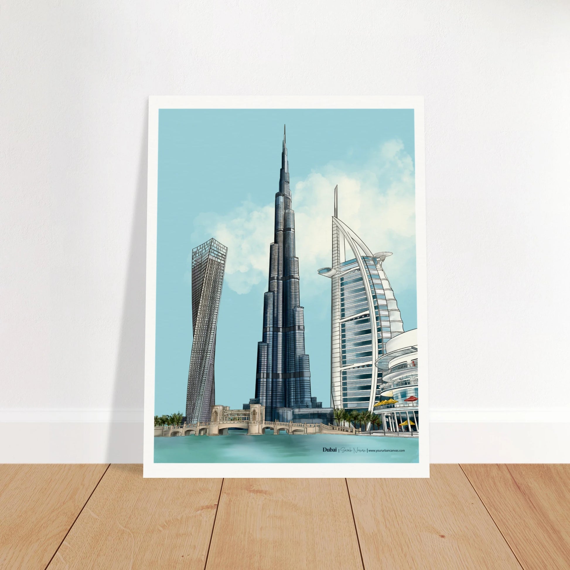Dubai - Subtle Typography city print, 45x60cm - capturing the elegance of Burj Khalifa, the sail-shaped Burj Al Arab, the twisting Cayan Tower, and the sprawling Dubai Mall. Soft tones evoke a serene Dubai cityscape for your home