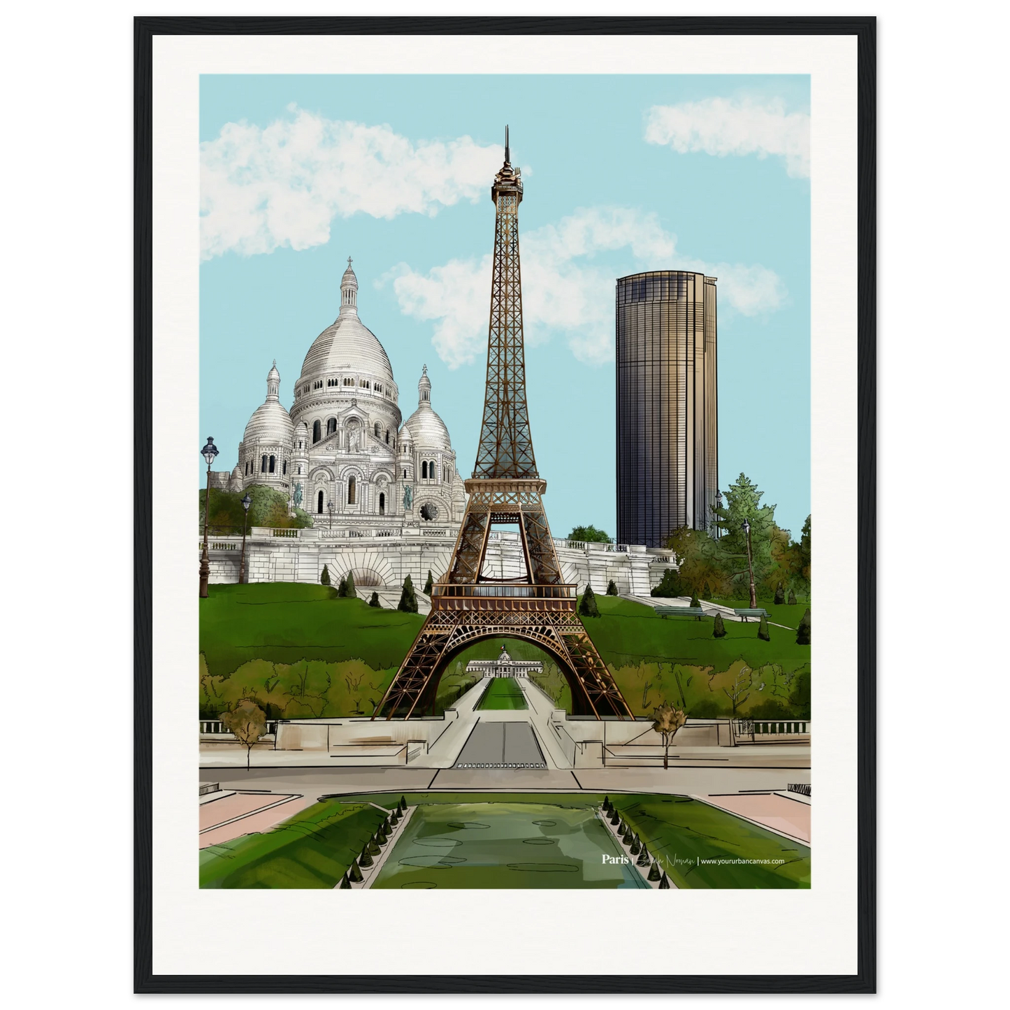 Paris - Add a message to your Subtle Titled city print, 60x80cm with black frame - capturing the subtle beauty of Paris landmarks: Eiffel Tower, Sacre-Coeur, and Tour Montparnasse, offering a modern yet serene cityscape for your space.