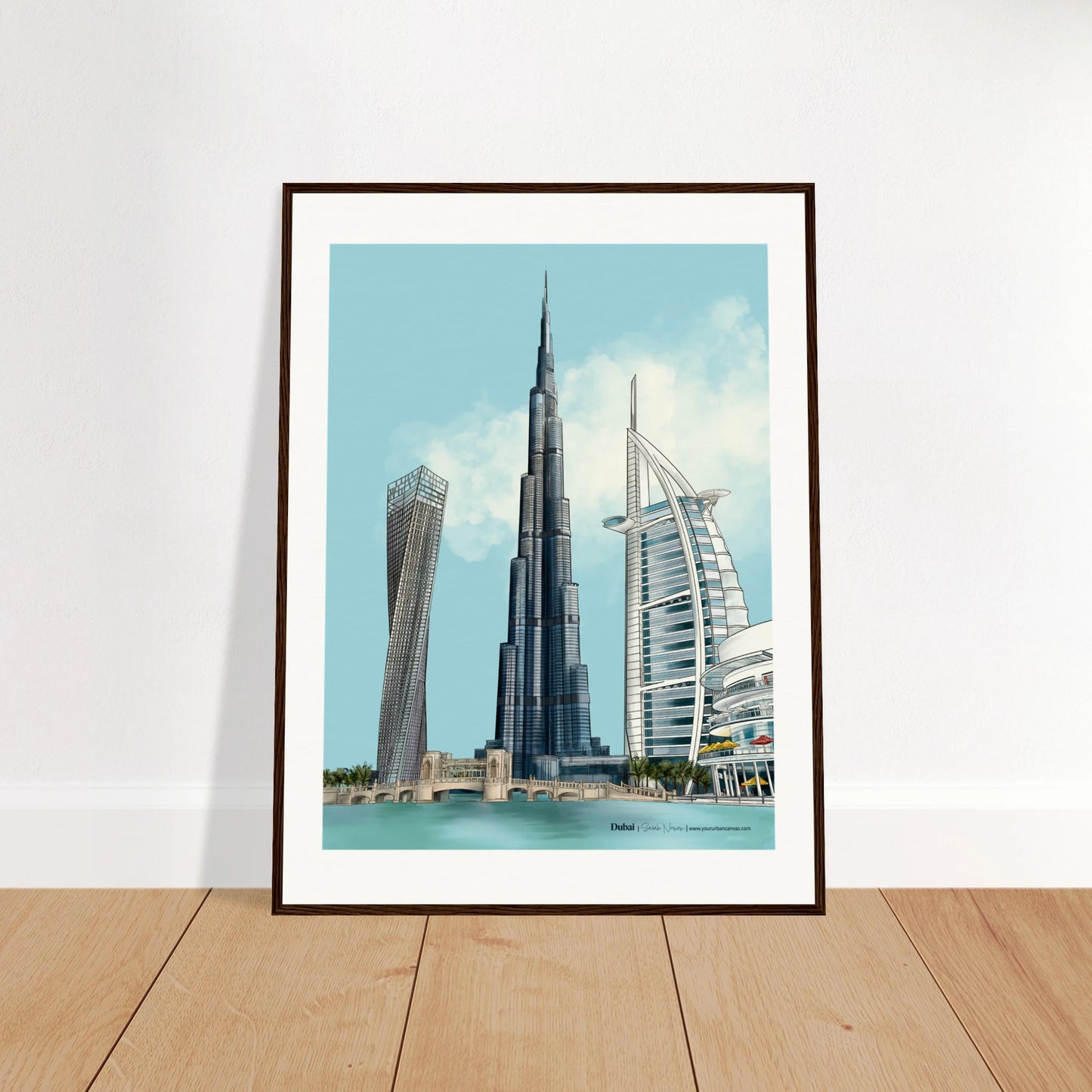 Dubai - Subtle Typography city print,  60x80cmwith dark wood frame - featuring Burj Khalifa, Burj Al Arab, Cayan Tower, and Dubai Mall in muted, harmonious tones. A refined wall art piece for sophisticated spaces.