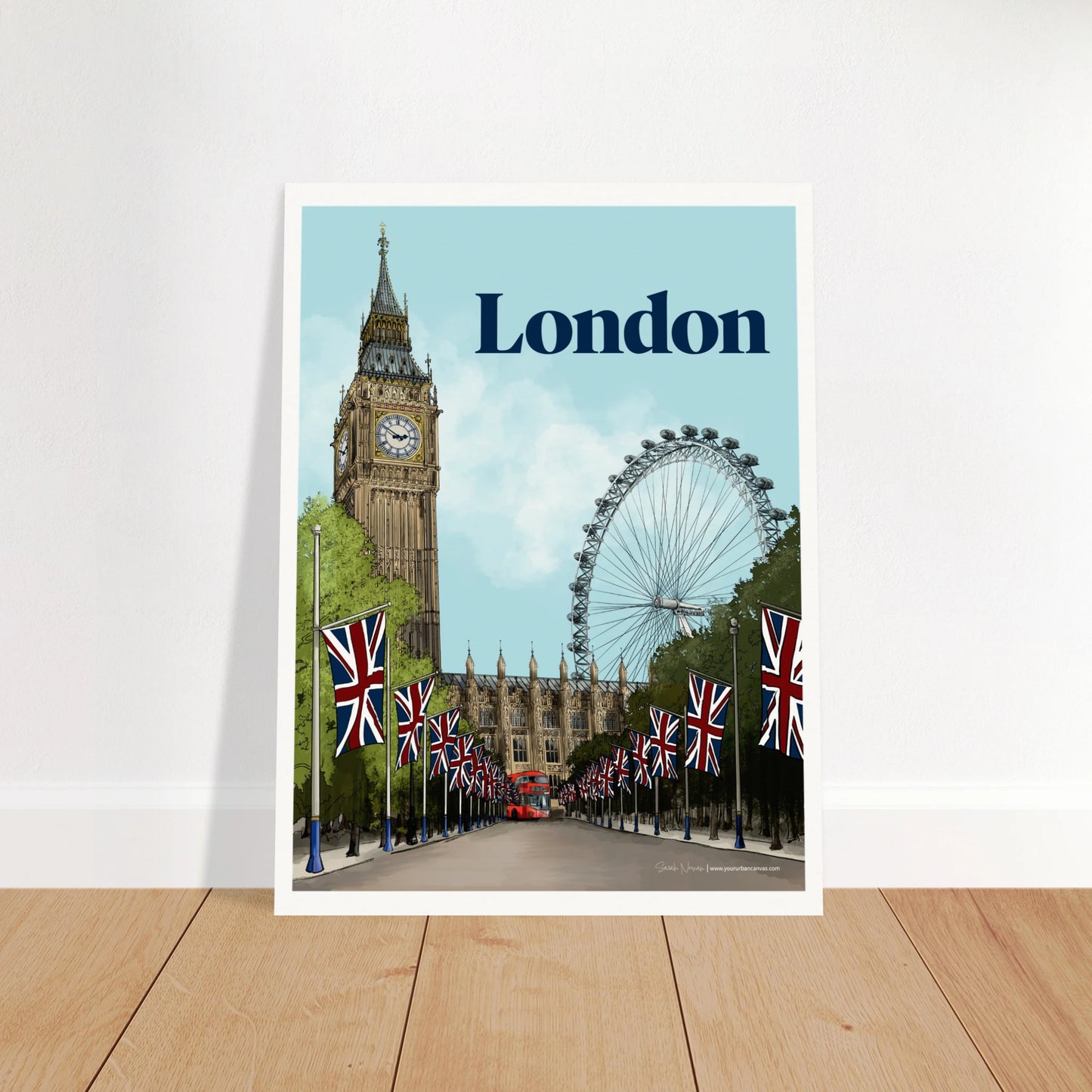 London - Bold Typography print featuring bold text with landmarks such as Westminster and the red London bus.