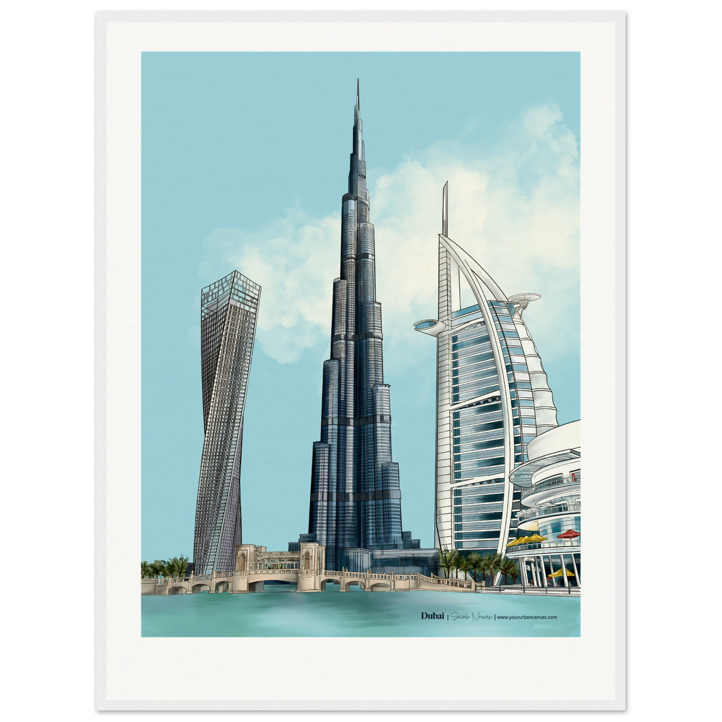 Personalised Dubai subtle typography city print, 60x80cm with white frame - a light, airy composition featuring the Burj Khalifa, Burj Al Arab, and Cayan Tower, personalised to suit modern interiors and meaningful gifting.