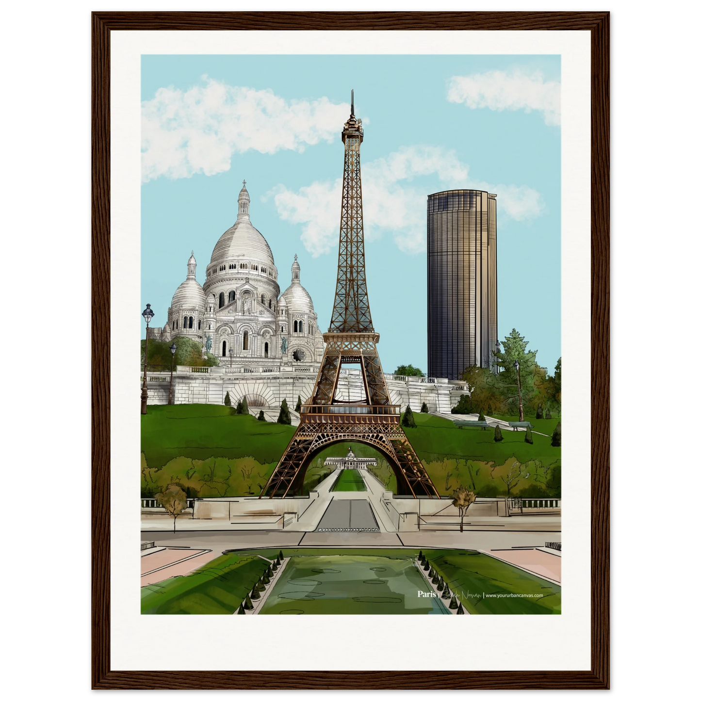 Paris - Personalise your Subtle Titled city print, 30x40cm with dark wood frame - featuring the Eiffel Tower, Sacre-Coeur, and Tour Montparnasse in muted, sophisticated tones. A refined wall art piece that blends iconic landmarks with understated elegance.