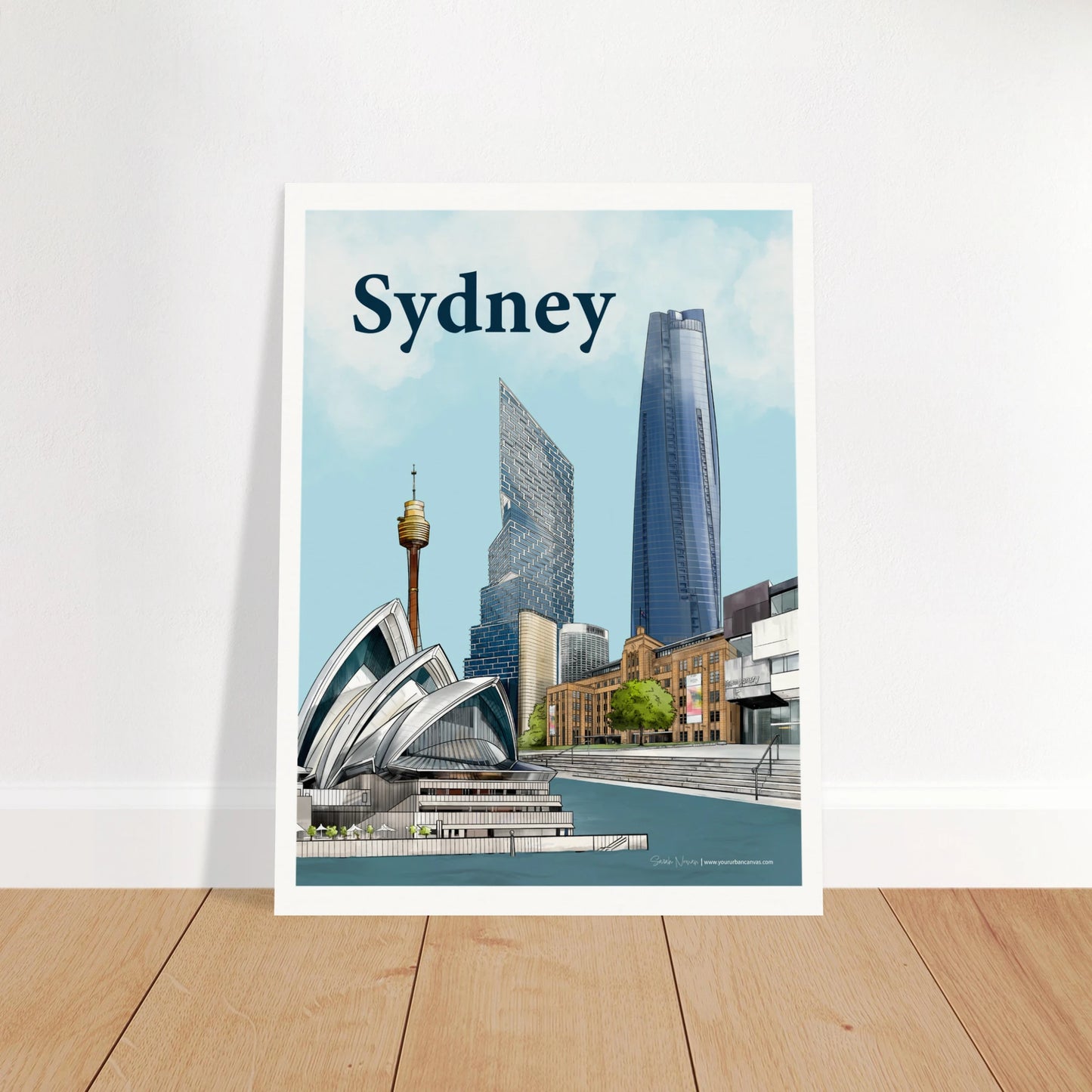 Sydney - Bold Typography print showcasing the Opera House, MCA, Sydney Harbour, One Barangaroo, Quay Quarter Tower, and Sydney Tower Eye.