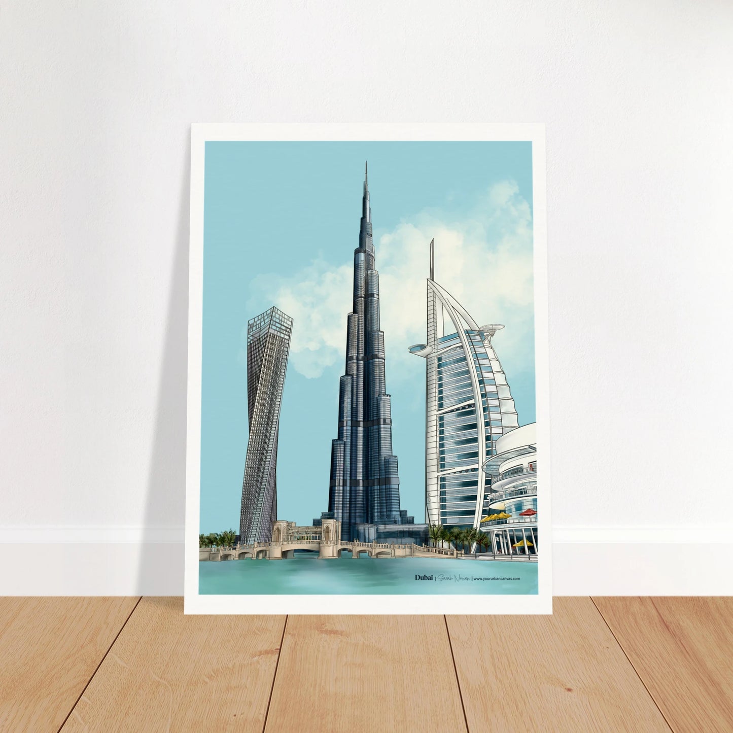 Dubai - Subtle Typography city print, 60x80cm - capturing the elegance of Burj Khalifa, the sail-shaped Burj Al Arab, the twisting Cayan Tower, and the sprawling Dubai Mall. Soft tones evoke a serene Dubai cityscape for your home