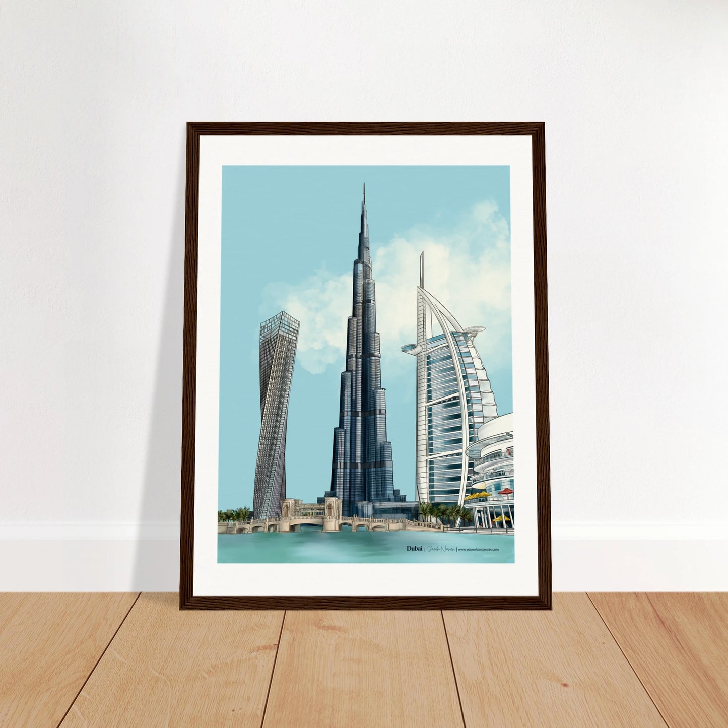 Dubai - Subtle Typography city print, 30x40cm with dark wood frame - featuring Burj Khalifa, Burj Al Arab, Cayan Tower, and Dubai Mall in muted, harmonious tones. A refined wall art piece for sophisticated spaces.