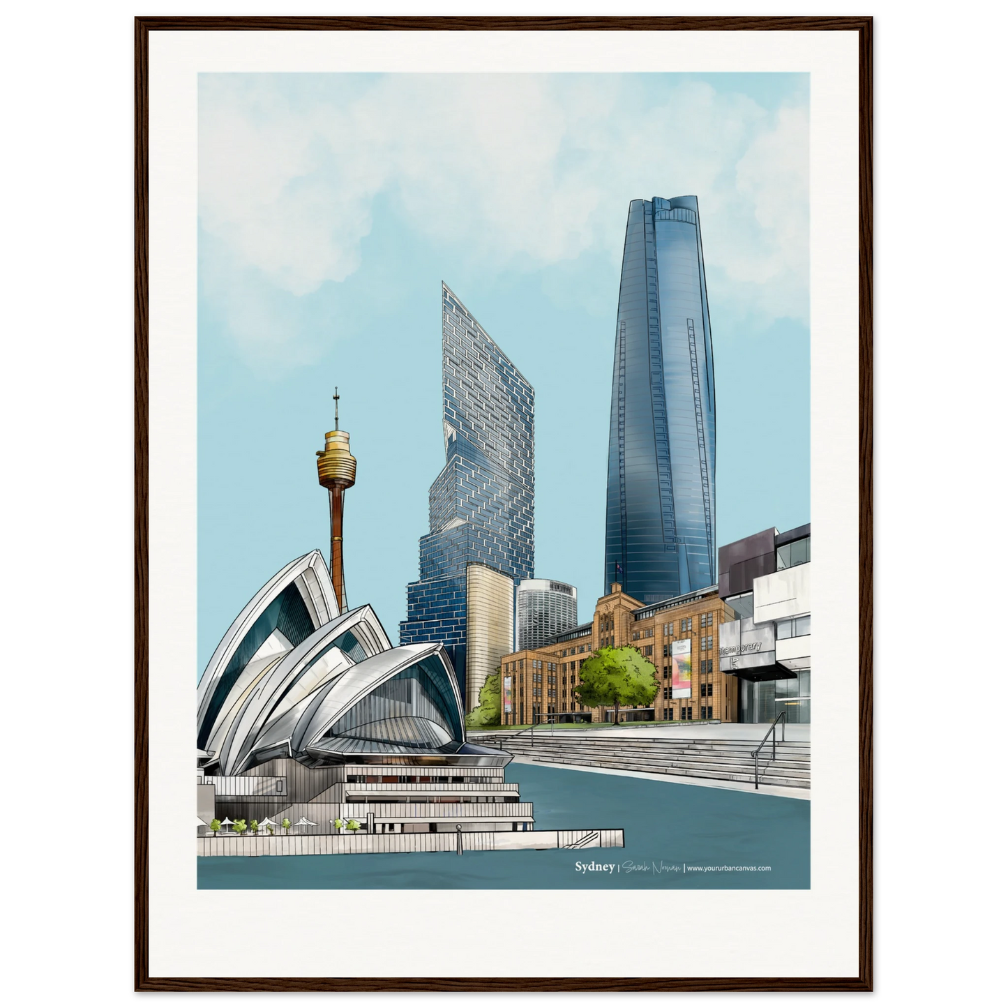 Sydney - Add your own message Subtle Title print, size 60x80cm, framed in dark wood, offering a sophisticated perspective of Sydney's iconic waterfront and skyline.