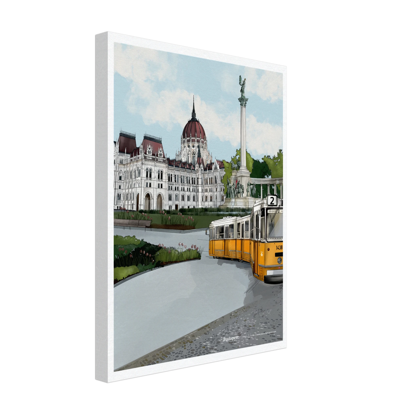 Budapest - Subtle Title print, size 45x60cm, on canvas, showcasing Budapest's stunning landmarks such as the Hungarian Parliament, Heroes' Square, and the yellow tram crossing the cobblestone streets.