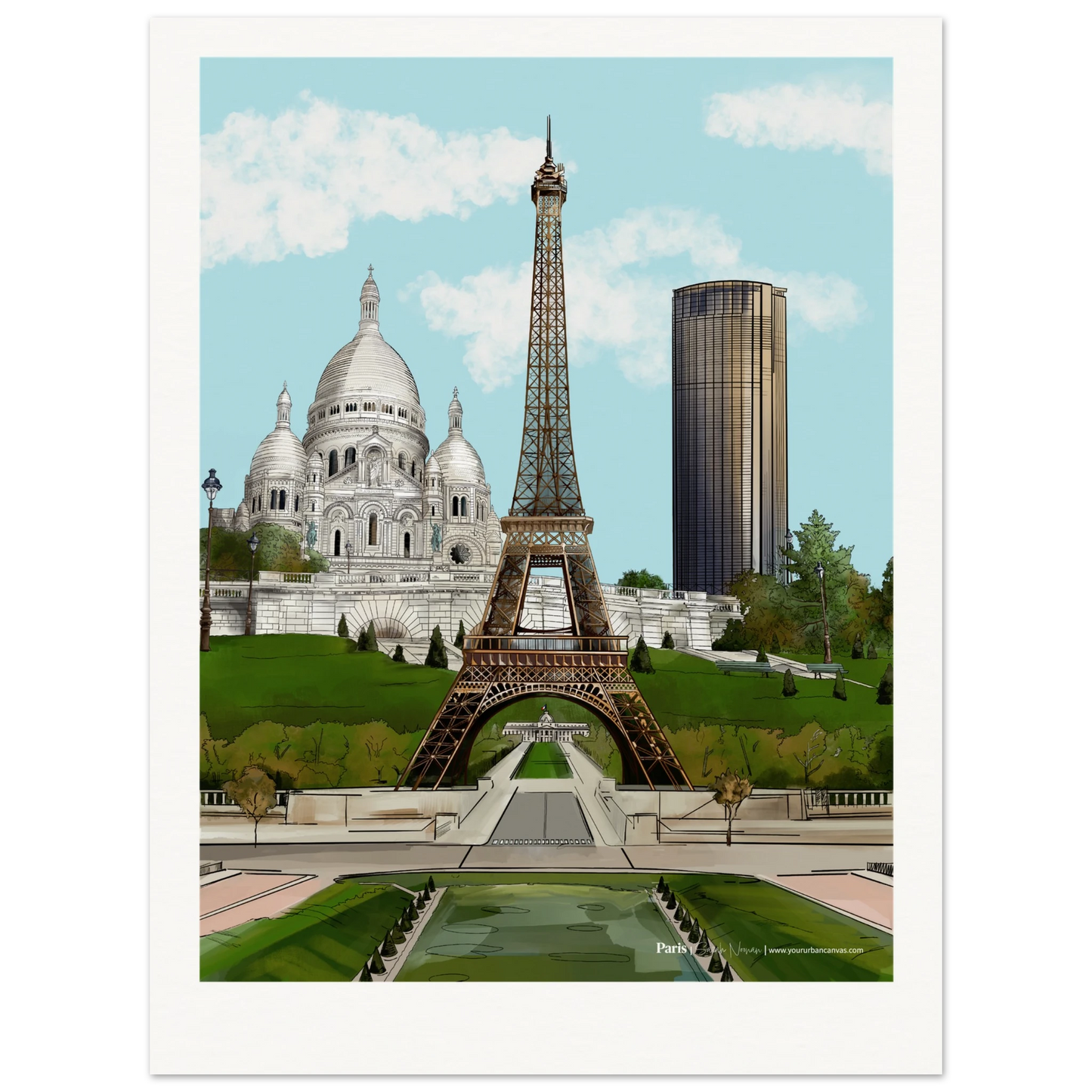 Paris - Add a message to your Subtle Typography city print, capturing the gentle elegance of the Eiffel Tower, the quiet beauty of Sacre-Coeur, and the understated modernity of Tour Montparnasse. Soft tones and delicate details bring a serene Parisian charm into your home.