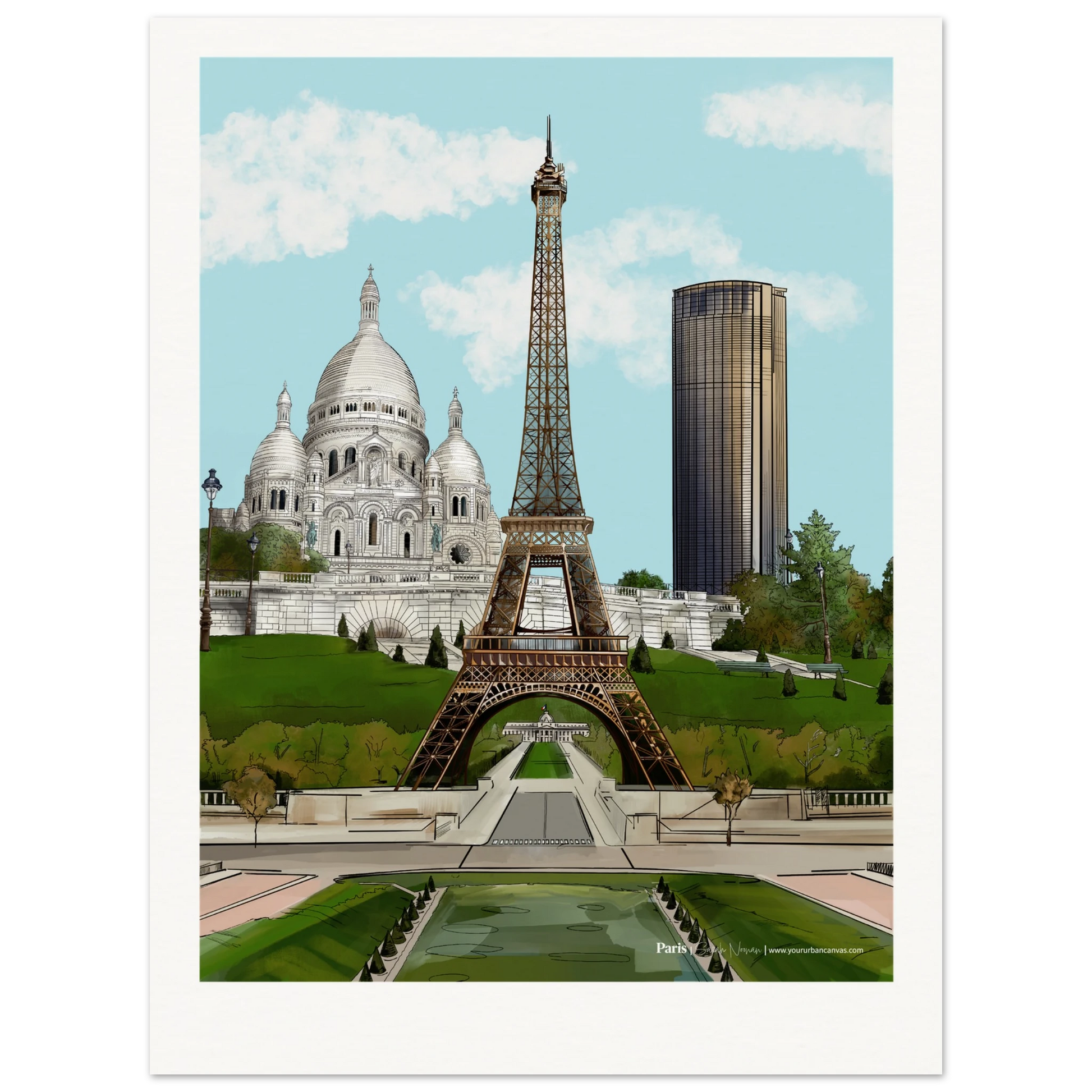 Paris - Add a message to your Subtle Typography city print, capturing the gentle elegance of the Eiffel Tower, the quiet beauty of Sacre-Coeur, and the understated modernity of Tour Montparnasse. Soft tones and delicate details bring a serene Parisian charm into your home.