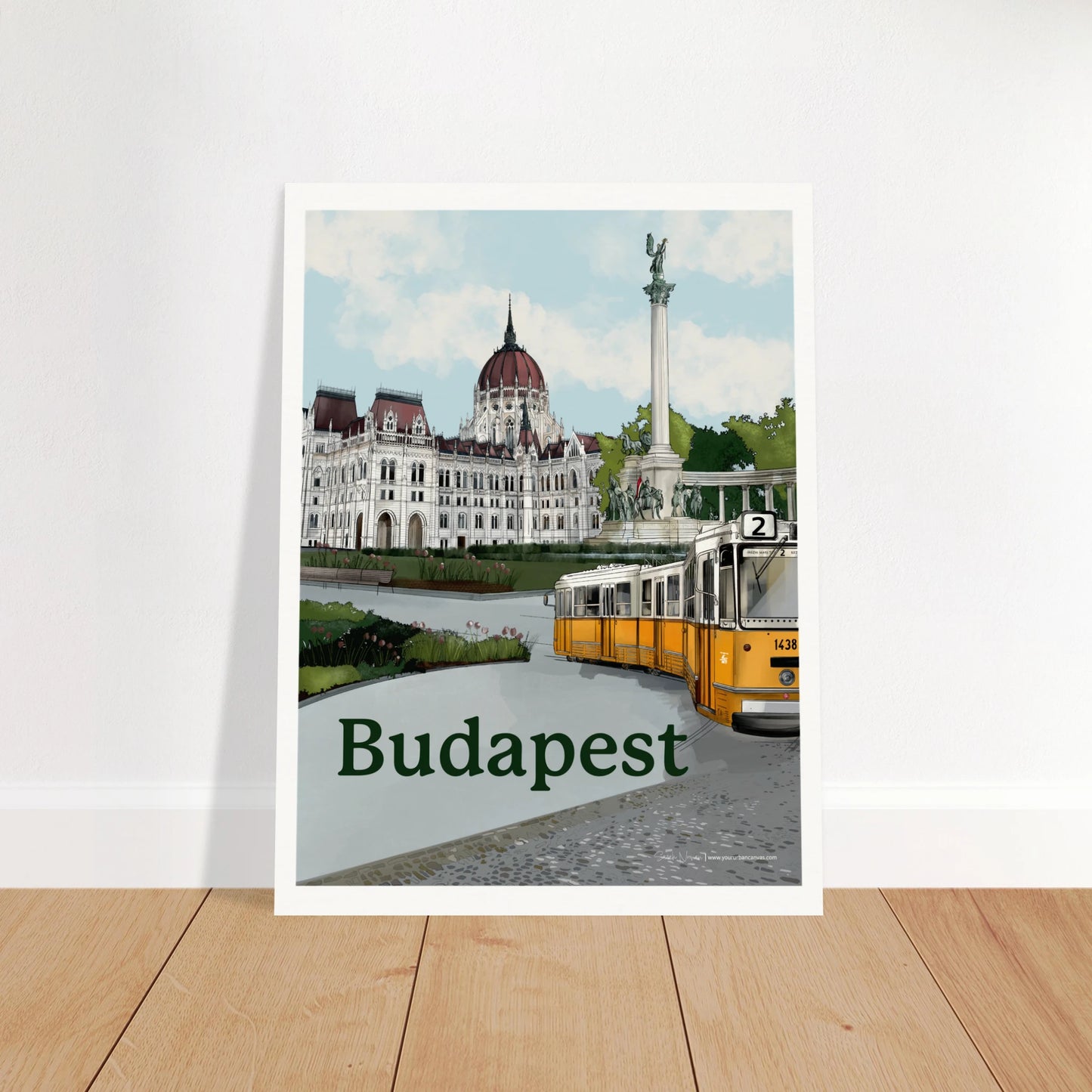 Budapest - Bold Typography print, size 45x60cm, featuring the Parliament of Budapest, Heroes' Square, and the city's famous yellow tram moving along cobbled streets