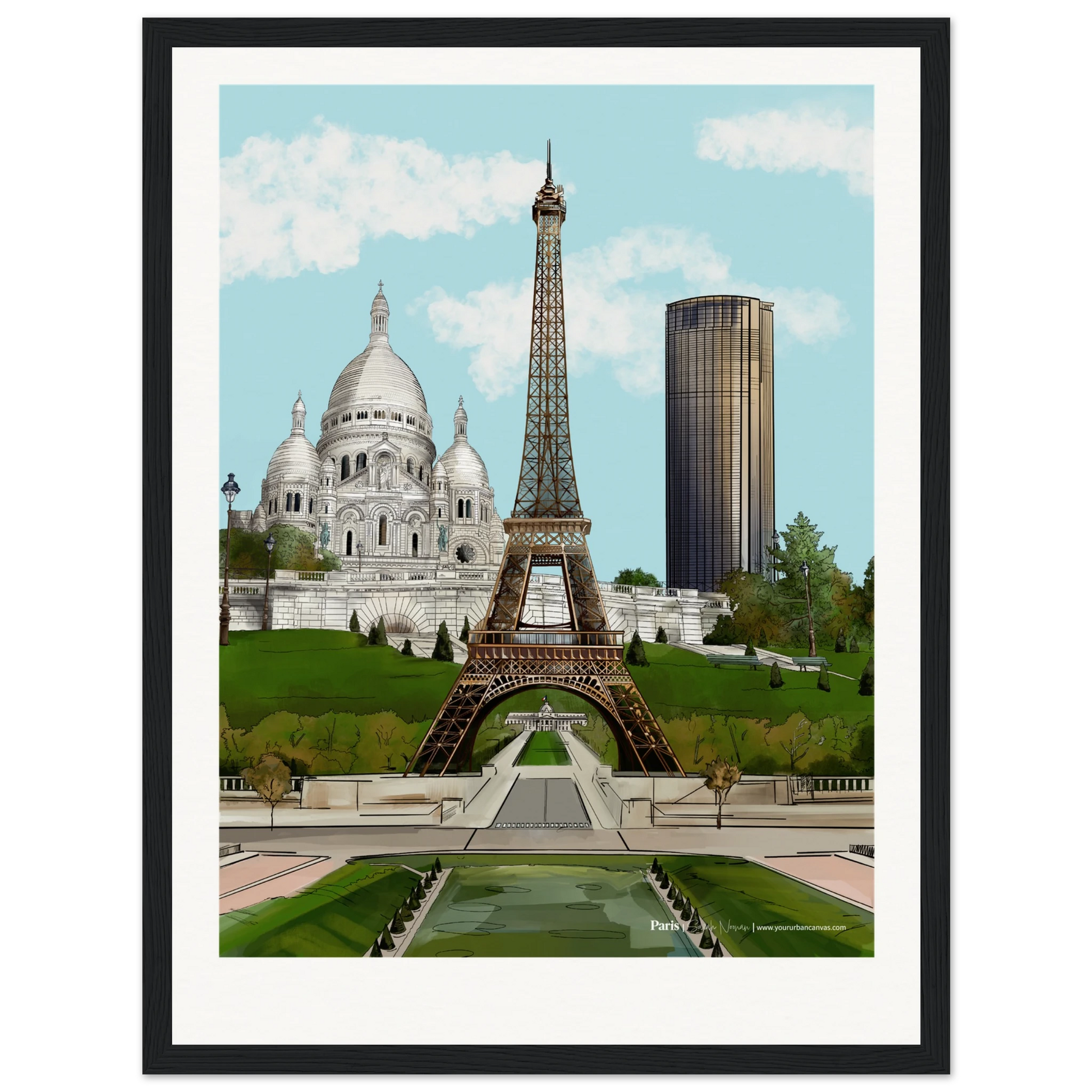 Paris - Customise your Subtle Titled city print, 30x40cm with black frame - capturing the subtle beauty of Paris landmarks: Eiffel Tower, Sacre-Coeur, and Tour Montparnasse, offering a modern yet serene cityscape for your space.