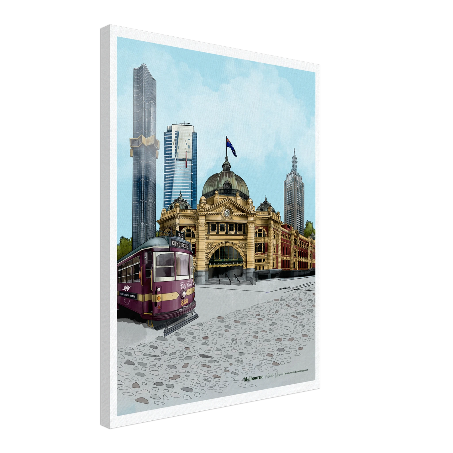 Melbourne - Subtle Title print, size 45x60cm, on canvas, capturing the skyline of Melbourne, including Flinders Street Station, Australia 108, Eureka Tower, and the City Circle Tram.