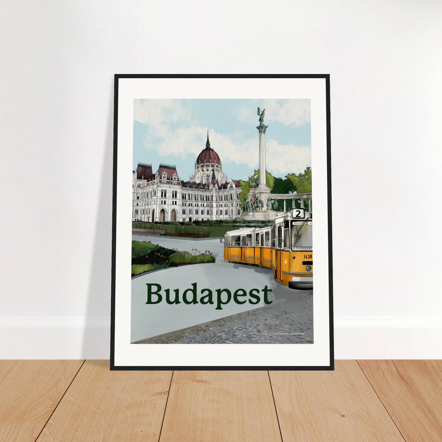 Budapest - Bold Typography print, size 60x80cm, framed in black wood, presenting a bold and modern take on Budapest's landmarks, from its grand Parliament to its historic streets.