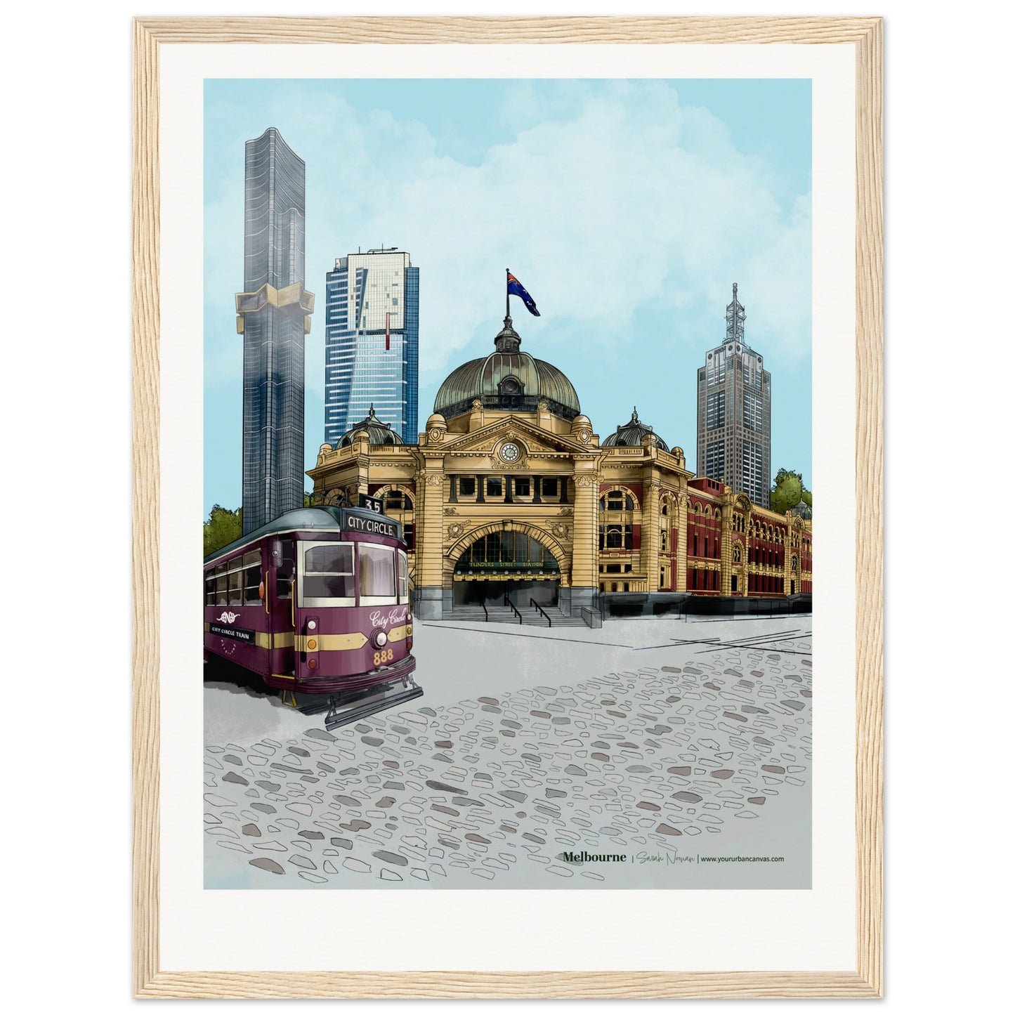 Melbourne - Personalised Subtle Title print, size 30x40cm,  framed in natural wood, blending Melbourne's urban energy with a warm, personal touch.