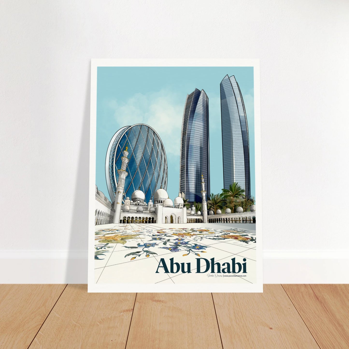 Abu Dhabi - Elegant Bold Typography city print, 30x40cm showcasing  Sheikh Zayed Mosque, Aldar HQ, Etihad Towers, print only