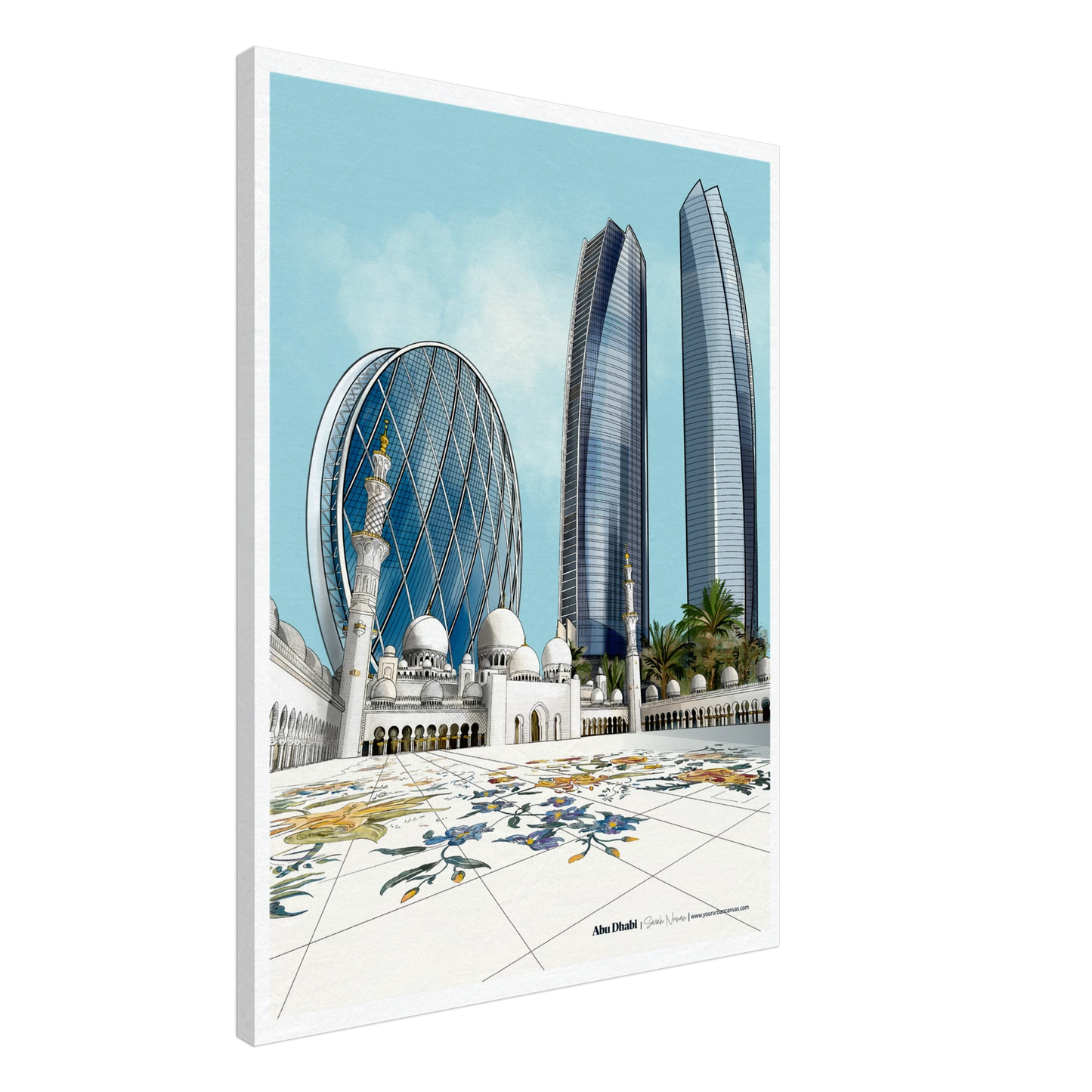Abu Dhabi - Elegant Subtle Titled city print, 60x80cm- Sheikh Zayed Mosque, Aldar HQ, and Etihad Towers - modern wall art by Your Urban Canvas