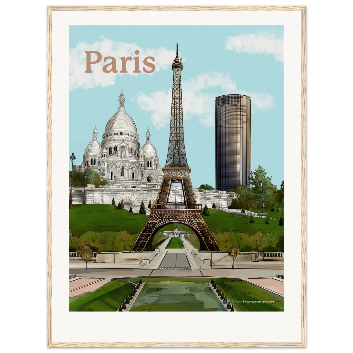 Paris - Personalise your Bold Typography city print, 60x80cm,  with natural wood frame - featuring the Eiffel Tower, Sacre-Coeur, and Tour Montparnasse. The warm wooden frame complements the vibrant cityscape, bringing Paris into your living space.