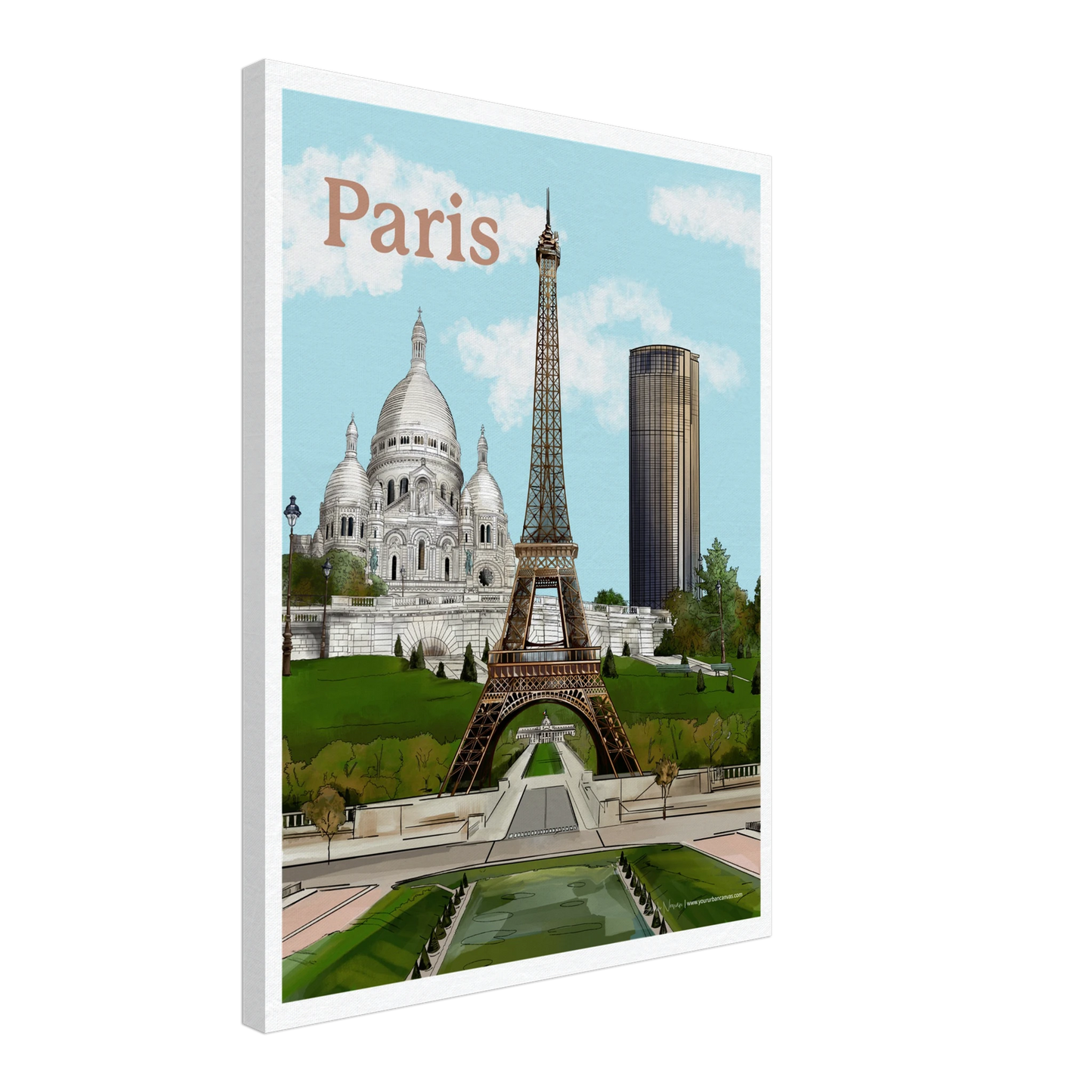 Paris - Bold Typography city canvas, 45x60cm, a modern interpretation of the Eiffel Tower,  Sacre-Coeur, and Tour Montparnasse, with a bold, artistic brush capturing the charm, history, and energy of the City of Light.