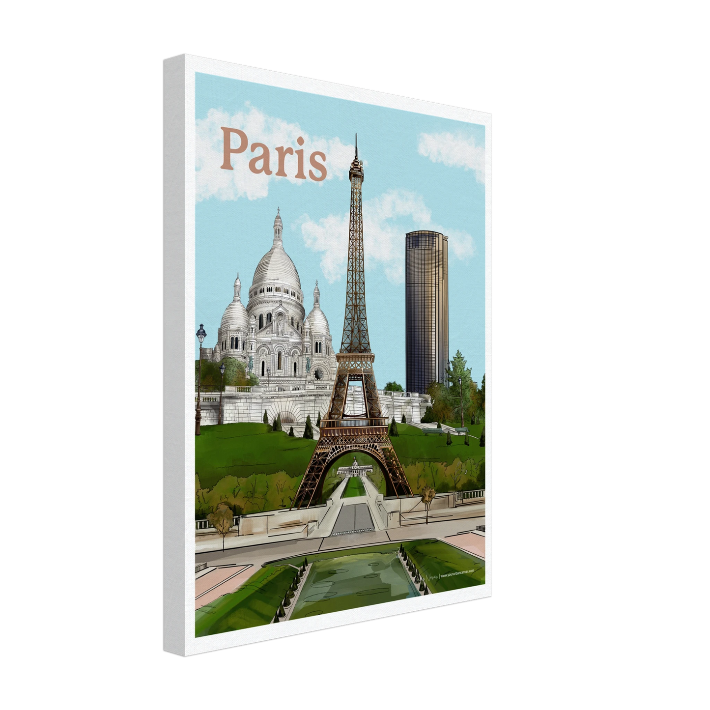 Paris - Bold Typography city canvas, 30x40cm, a modern interpretation of the Eiffel Tower,  Sacre-Coeur, and Tour Montparnasse, with a bold, artistic brush capturing the charm, history, and energy of the City of Light.