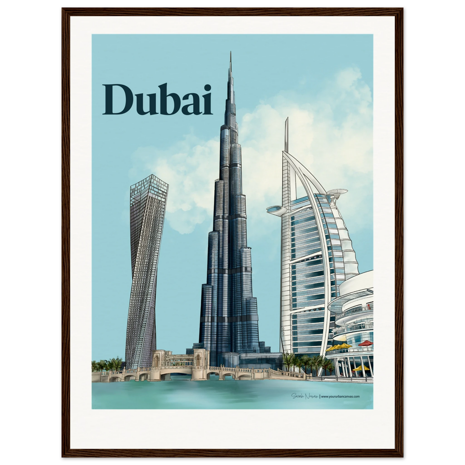 Personalised Dubai bold typography city print, 45x60cm with dark wood frame - showcasing Dubai's iconic landmarks including Burj Khalifa, Burj Al Arab, and Cayan Tower. Customised with your chosen wording for a powerful, meaningful wall art statement.