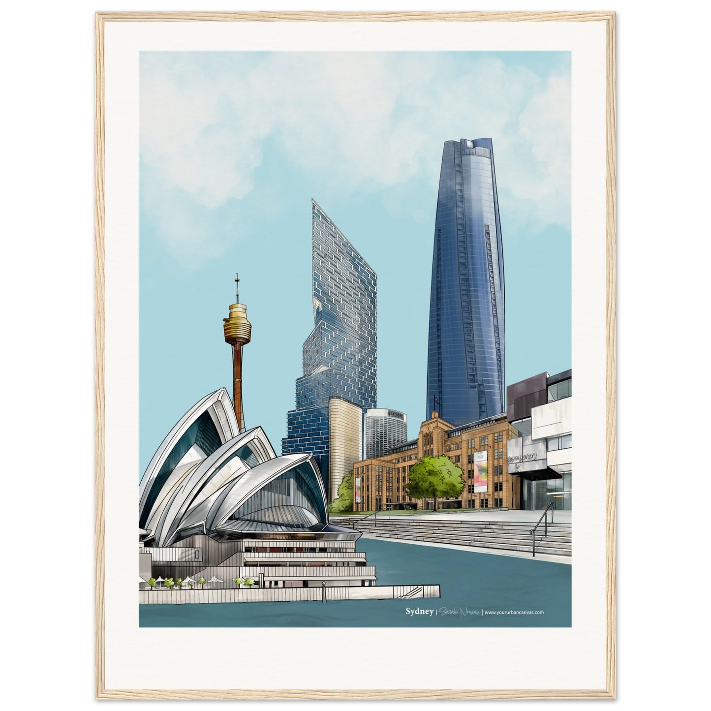 Sydney - Personalised Subtle Title print, size 60x80cm, framed in natural wood, enhancing Sydney's waterfront charm with your customised detail.
