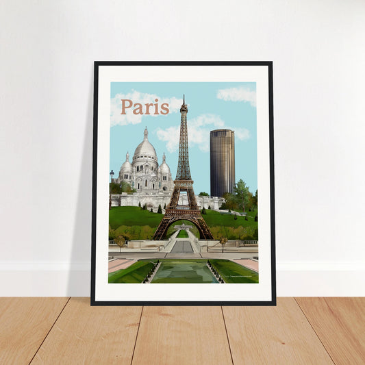 Paris - Bold Typography city print, 45x60cm, with black frame - highlighting the Eiffel Tower,  Sacre-Coeur, and Tour Montparnasse, capturing the contrast of Parisian architecture against a warm city glow.