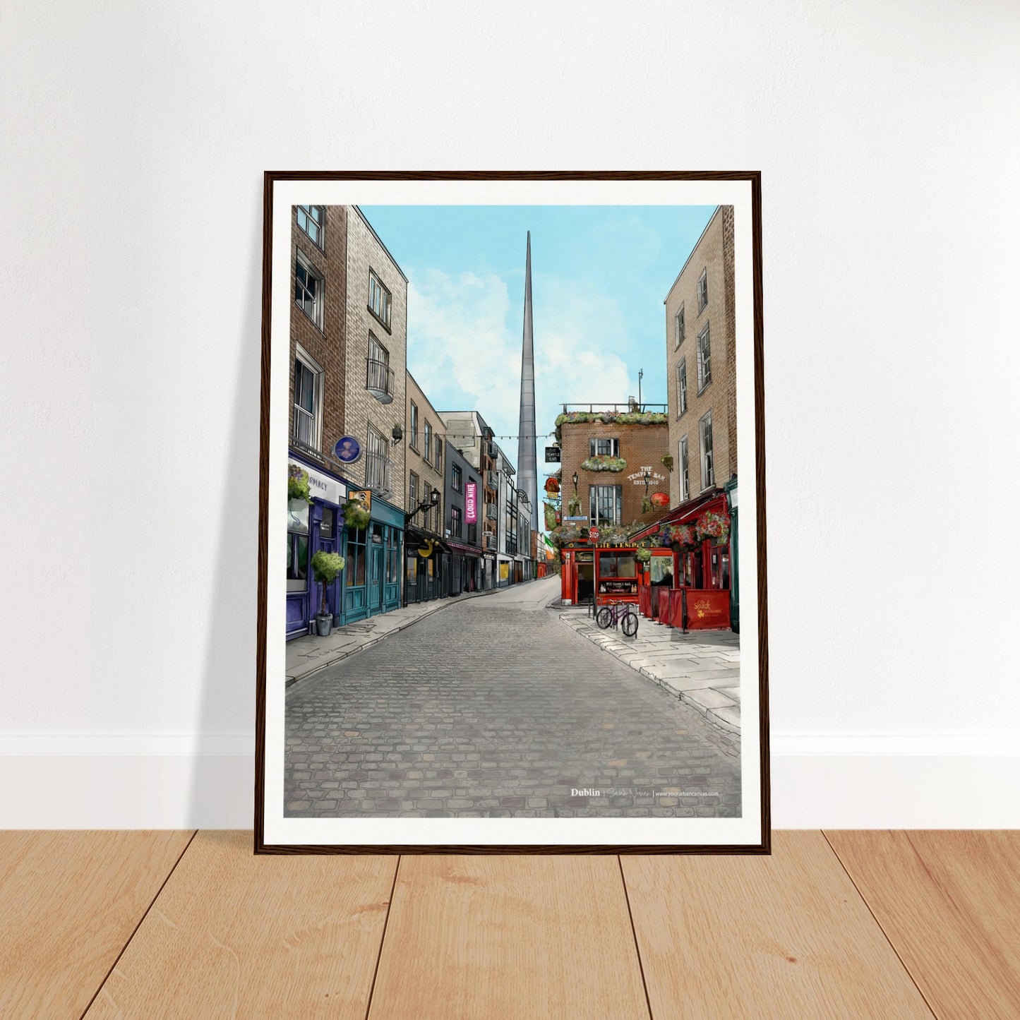 Dublin - Subtle Title print, size 60x80cm, framed in dark wood, capturing the historic charm of Temple Bar with a refined and atmospheric aesthetic.