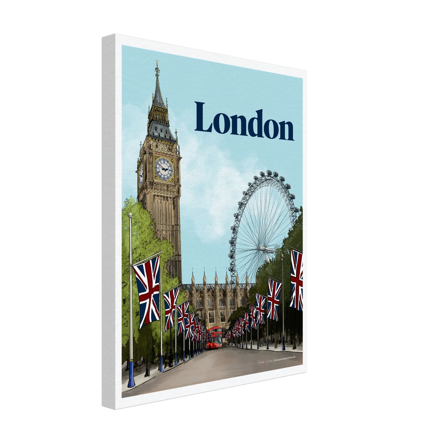 London - Bold Typography on canvas, size 30x40cm, blending bold typography with elements of the London Eye, Big Ben and the Mall.