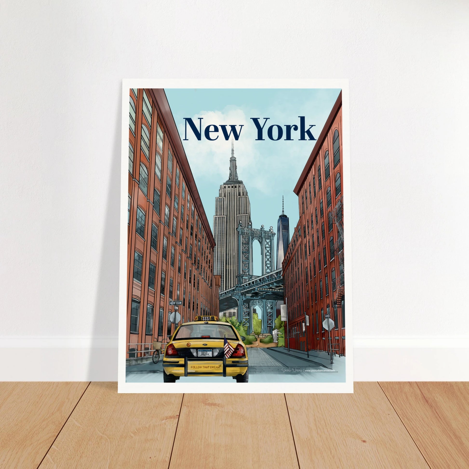New York - Bold Typography print, size 45x60cm, showcasing the Dumbo Manhattan Bridge view, the Empire State Building, One World Trade Center, a yellow taxi, and NYC's famous street signs.