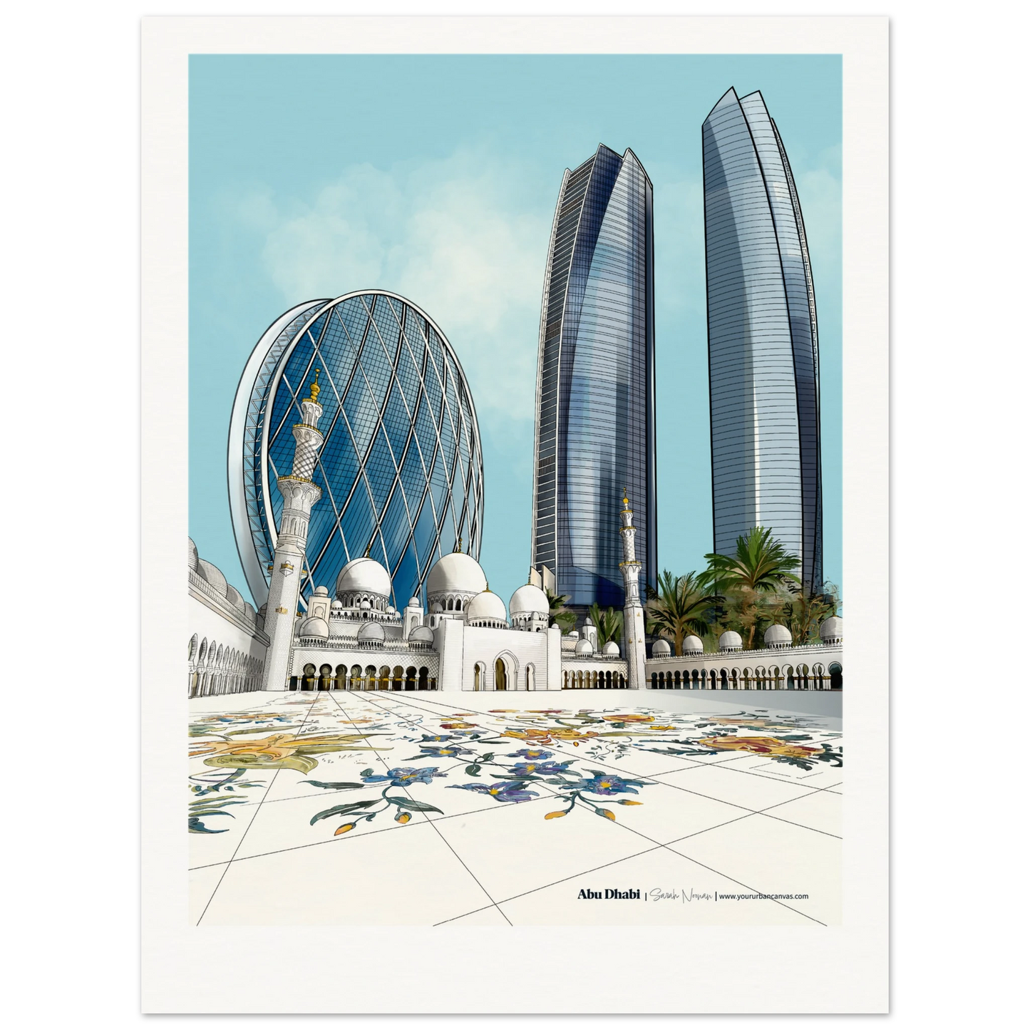 Abu Dhabi - Customise your own digital painting of Abu Dhabi,  print featuring Sheikh Zayed Mosque, Aldar HQ, and Etihad Towers - skyline wall art by Your Urban Canvas
