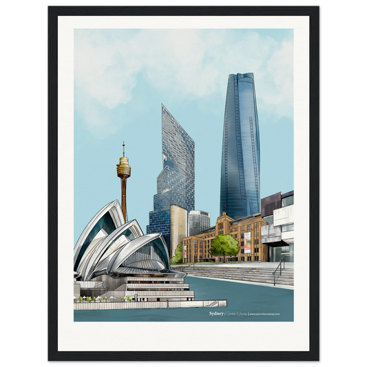 Personalise this Sydney Wall Art piece, size 30x40cm, framed in black, capturing the elegance of Sydney's cityscape with the Opera House, Quay Quarter Tower, and the Sydney Tower Eye.