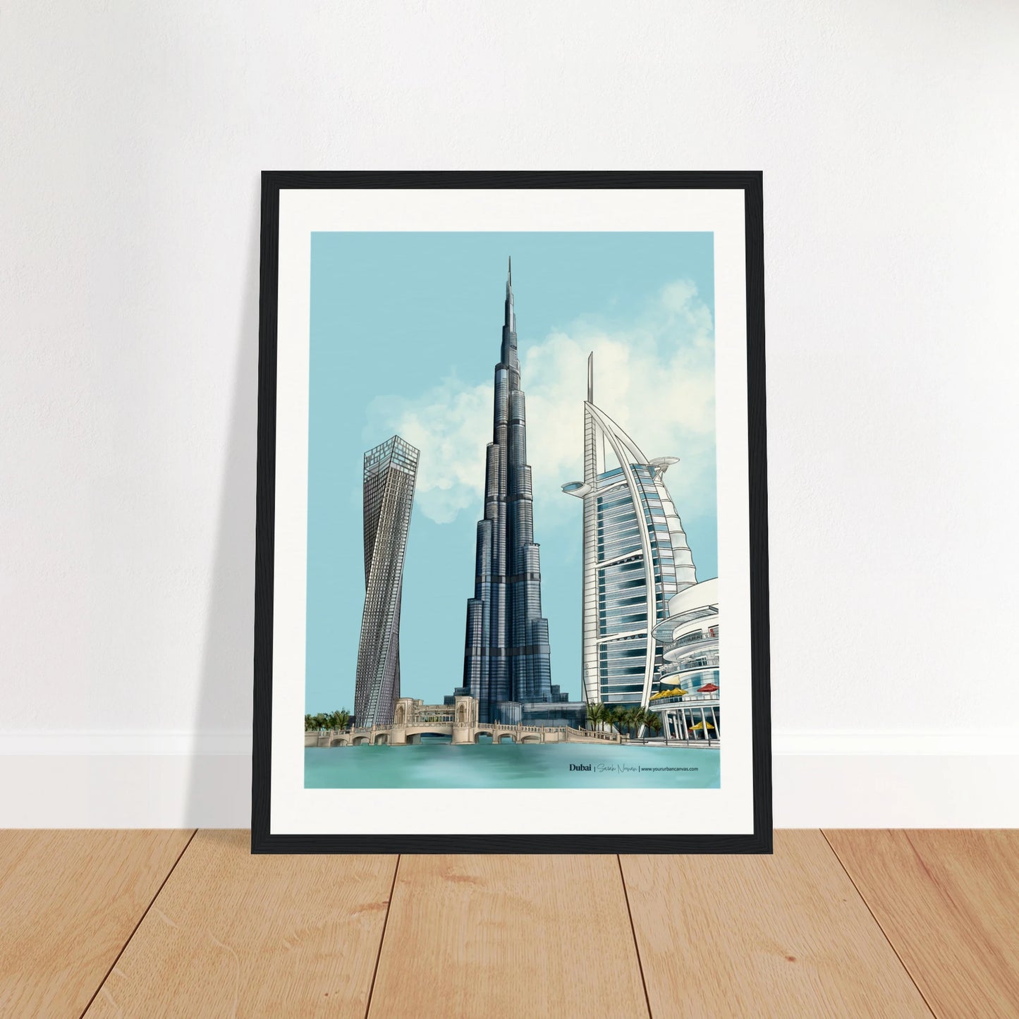 Dubai - Subtle Typography city print, 30x40cm with black frame - showcasing Burj Khalifa, Burj Al Arab, Cayan Tower, and Dubai Mall in understated contrast for a modern cityscape.