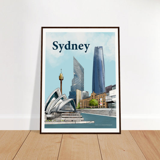 Sydney - Bold Typography print, size 60x80cm, framed in dark wood, featuring Sydney's iconic Harbour with the Opera House, MCA, and modern architecture.
