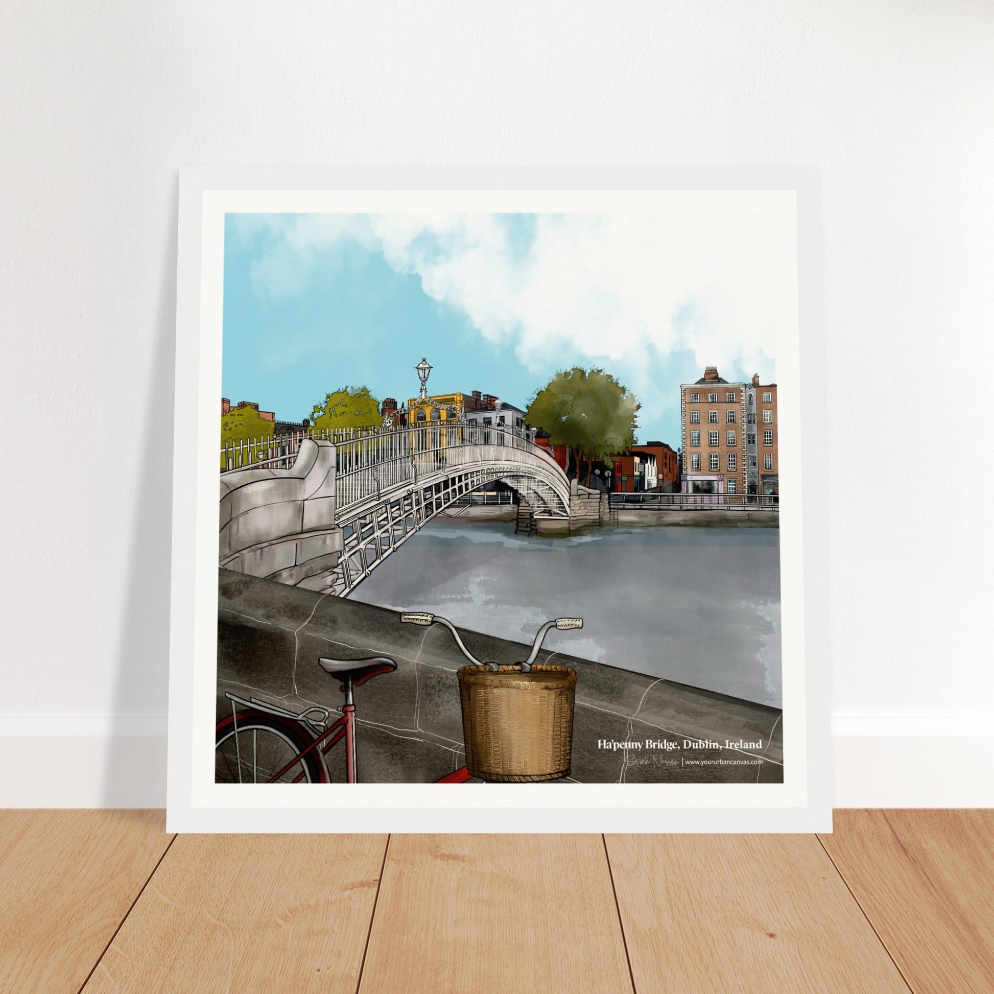 Ha'penny Bridge Dublin print, 30x30cm, framed in white. Clean and modern Irish wall art capturing one of Dublin's most historic bridges.
