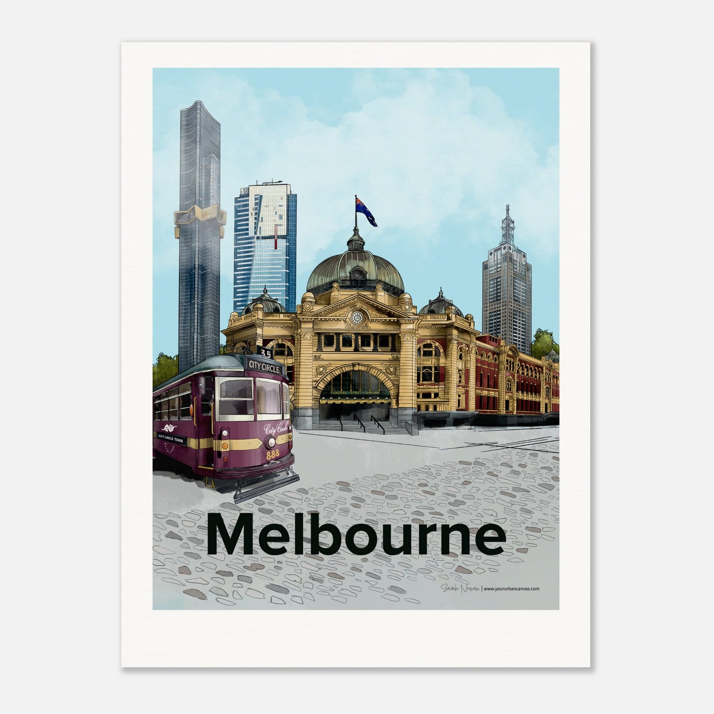 Melbourne - Personalised  Bold Typography 60x80cm print, showcasing Flinders Street Station, Australia 108, Eureka Tower, 120 Collins Street, and the City Circle Tram, tailored with your personal text. 