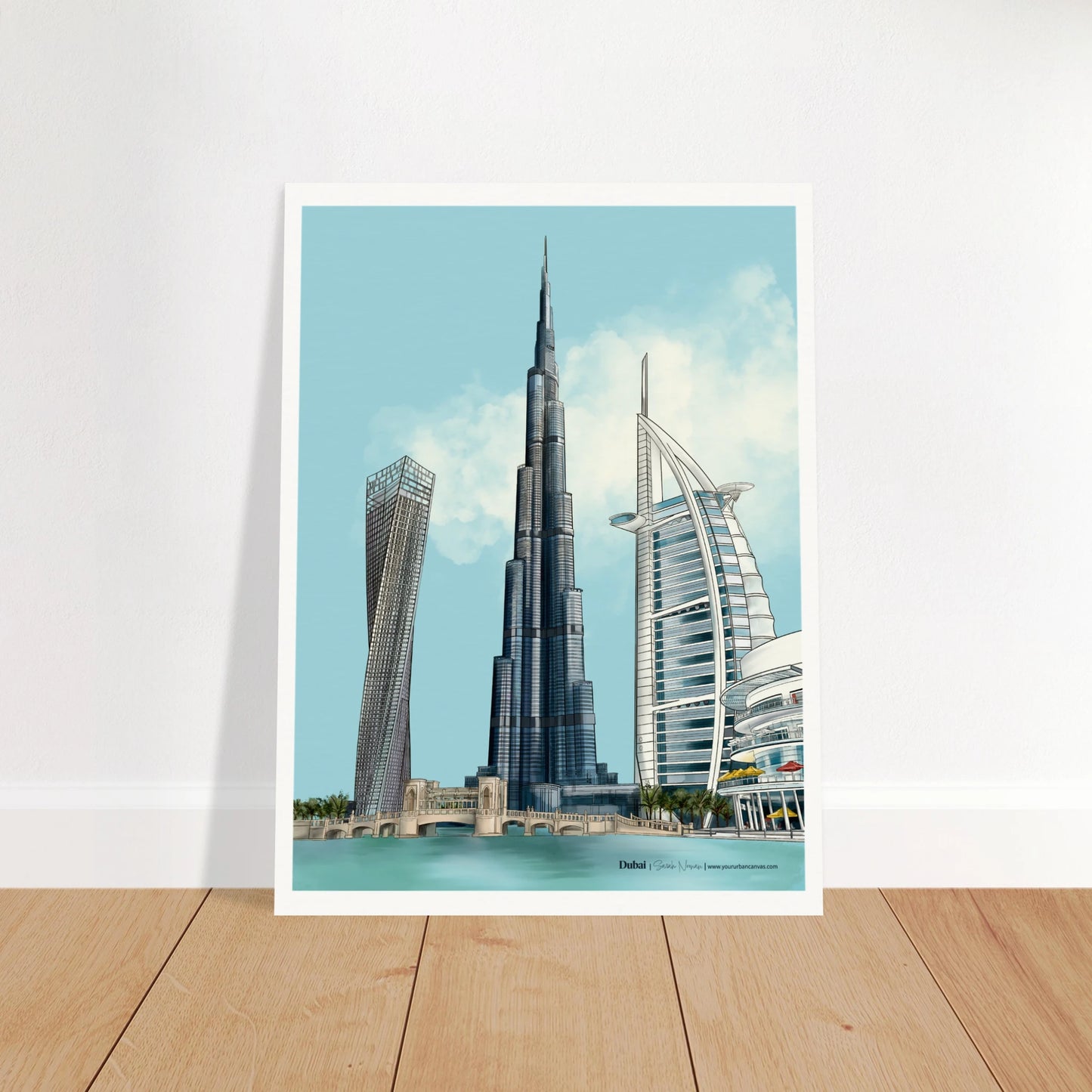 Dubai - Subtle Typography city print, 30x40cm - capturing the elegance of Burj Khalifa, the sail-shaped Burj Al Arab, the twisting Cayan Tower, and the sprawling Dubai Mall. Soft tones evoke a serene Dubai cityscape for your home.