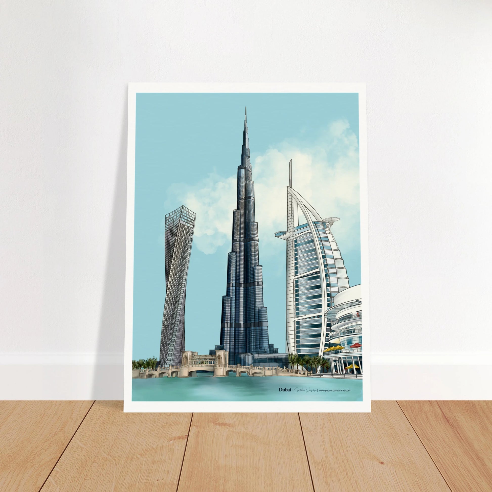Dubai - Subtle Typography city print, 30x40cm - capturing the elegance of Burj Khalifa, the sail-shaped Burj Al Arab, the twisting Cayan Tower, and the sprawling Dubai Mall. Soft tones evoke a serene Dubai cityscape for your home.