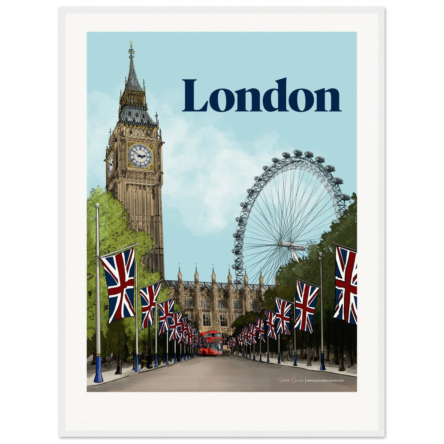 London - Personalised Bold Typography print, size 60x80cm, framed in white, offering a clean and customized version of London's grand cityscape.