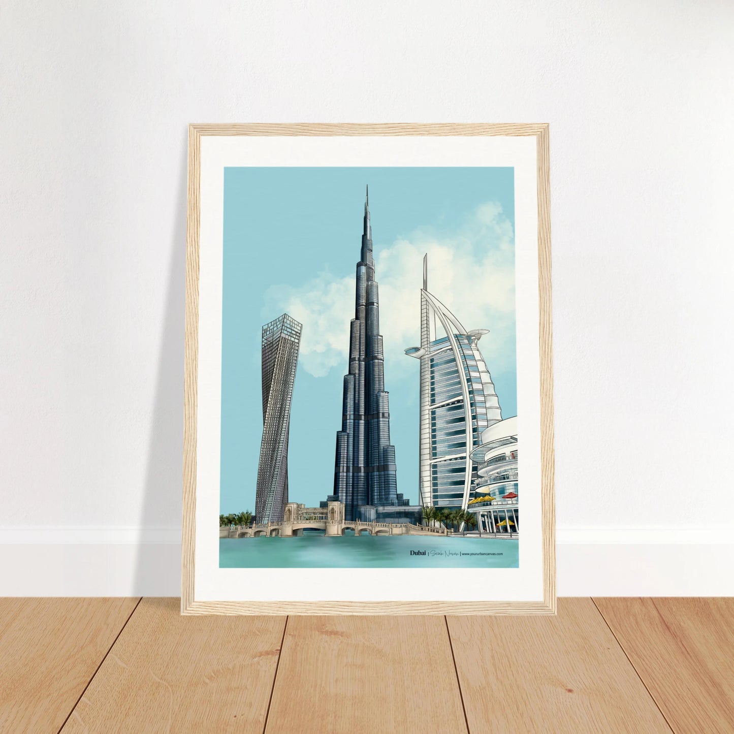 Dubai - Subtle Typography city print, 30x40cm with natural wood frame - featuring Burj Khalifa, Burj Al Arab, Cayan Tower, and Dubai Mall. Warm framing complements the subtle elegance of Dubai's skyline.