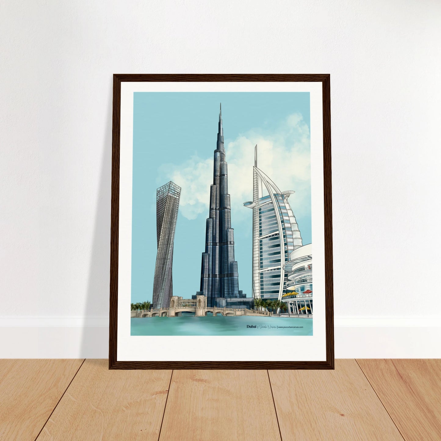 Dubai - Subtle Typography city print, 30x40cm with dark wood frame - featuring Burj Khalifa, Burj Al Arab, Cayan Tower, and Dubai Mall in muted, harmonious tones. A refined wall art piece for sophisticated spaces.