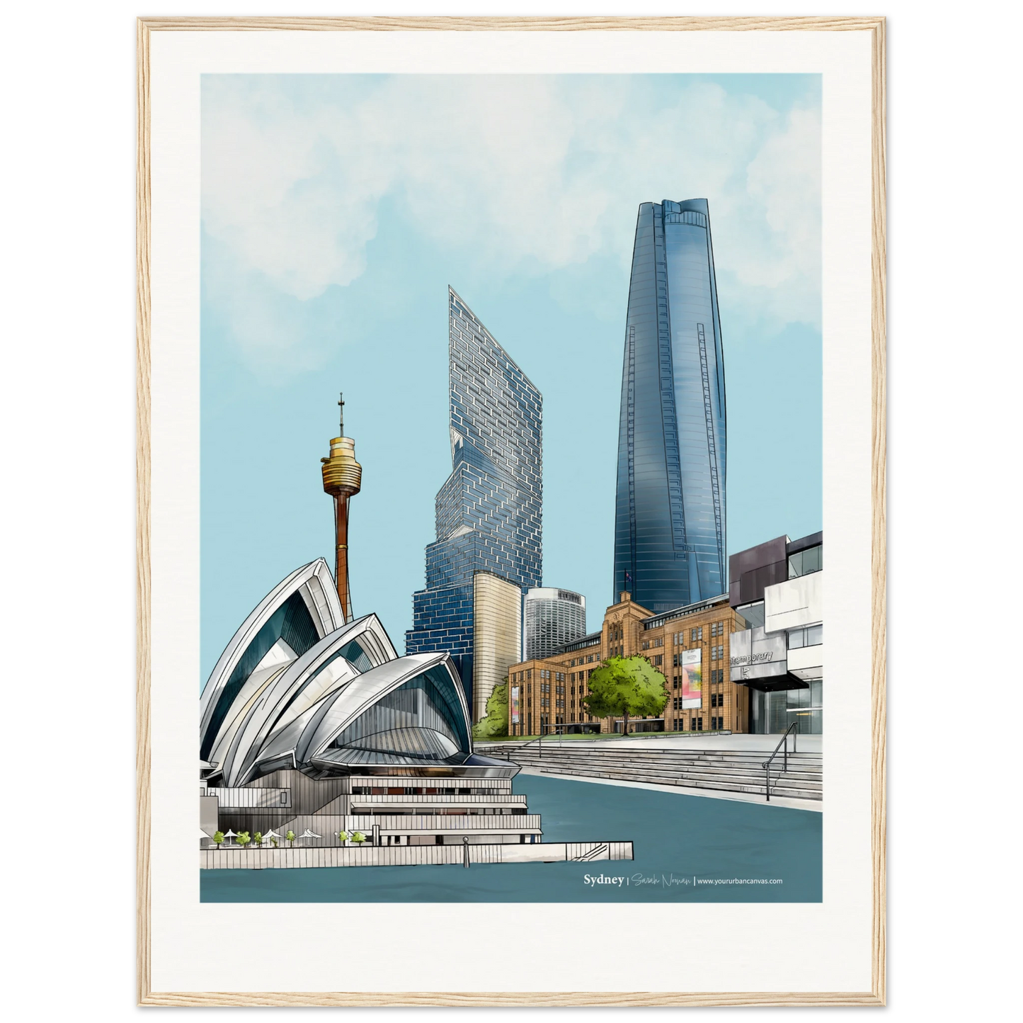 Make a wonderful gift - customise this Sydney print, size 60x80cm, framed in natural wood, enhancing the warmth and charm of Sydney's architectural beauty