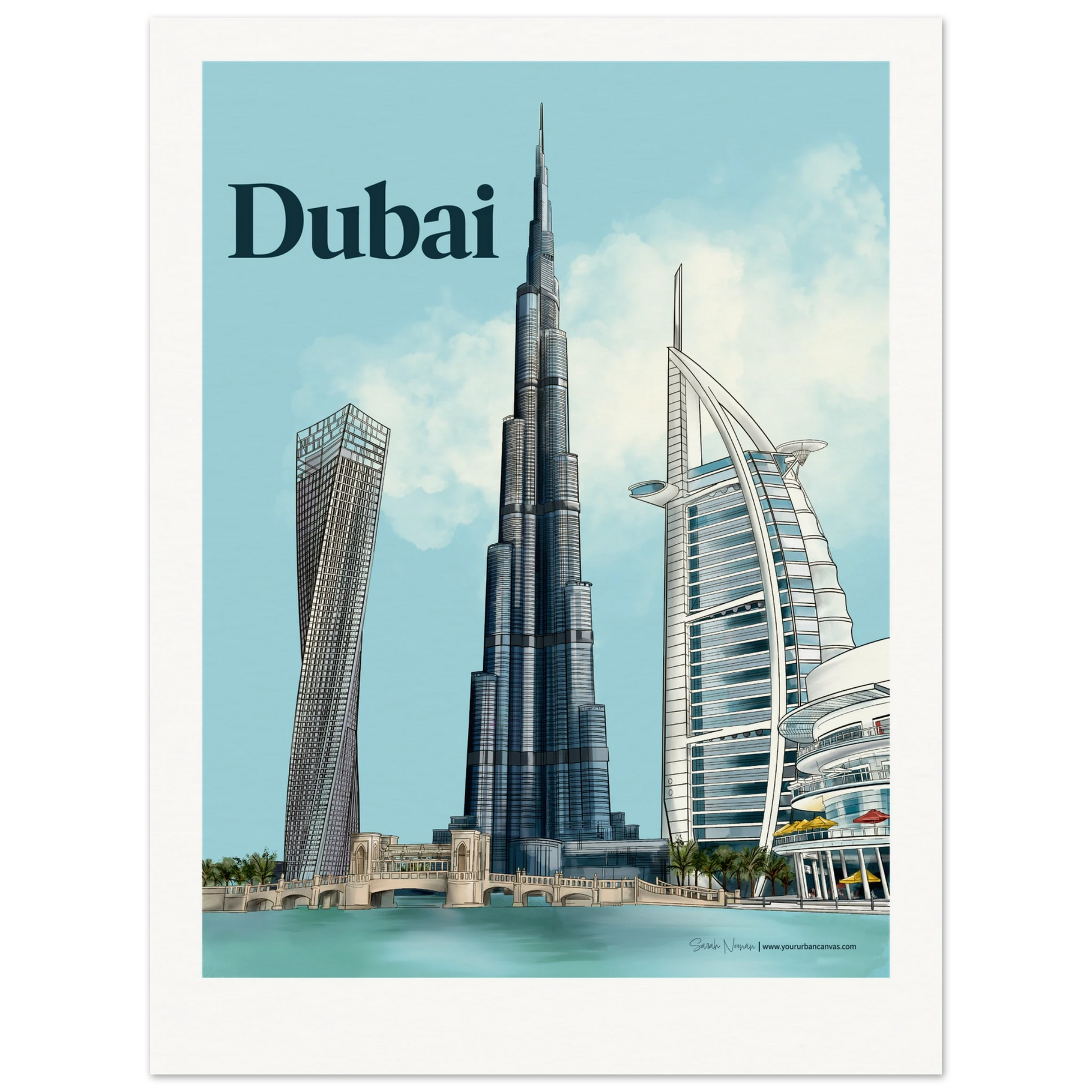 Personalised Dubai bold typography city print - a striking artwork showcasing the Burj Khalifa, Burj Al Arab, Cayan Tower, and Dubai Mall. Add your own message to create the perfect git for expats and locals alike. 