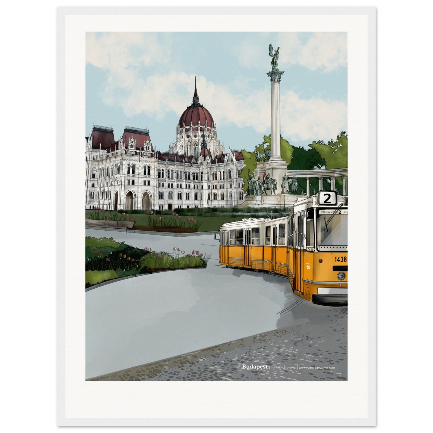 Budapest - Personalised Subtle Title print, size 45x60cm, framed in white, highlighting the elegance of Heroes' Square and the classic beauty of Budapest's skyline with a bespoke touch.