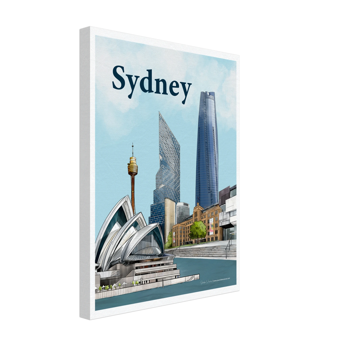 Sydney - Bold Typography canvas, size 30x40cm, showcasing Sydney's waterfront with the Opera House, MCA, Sydney Harbour, and a striking skyline.