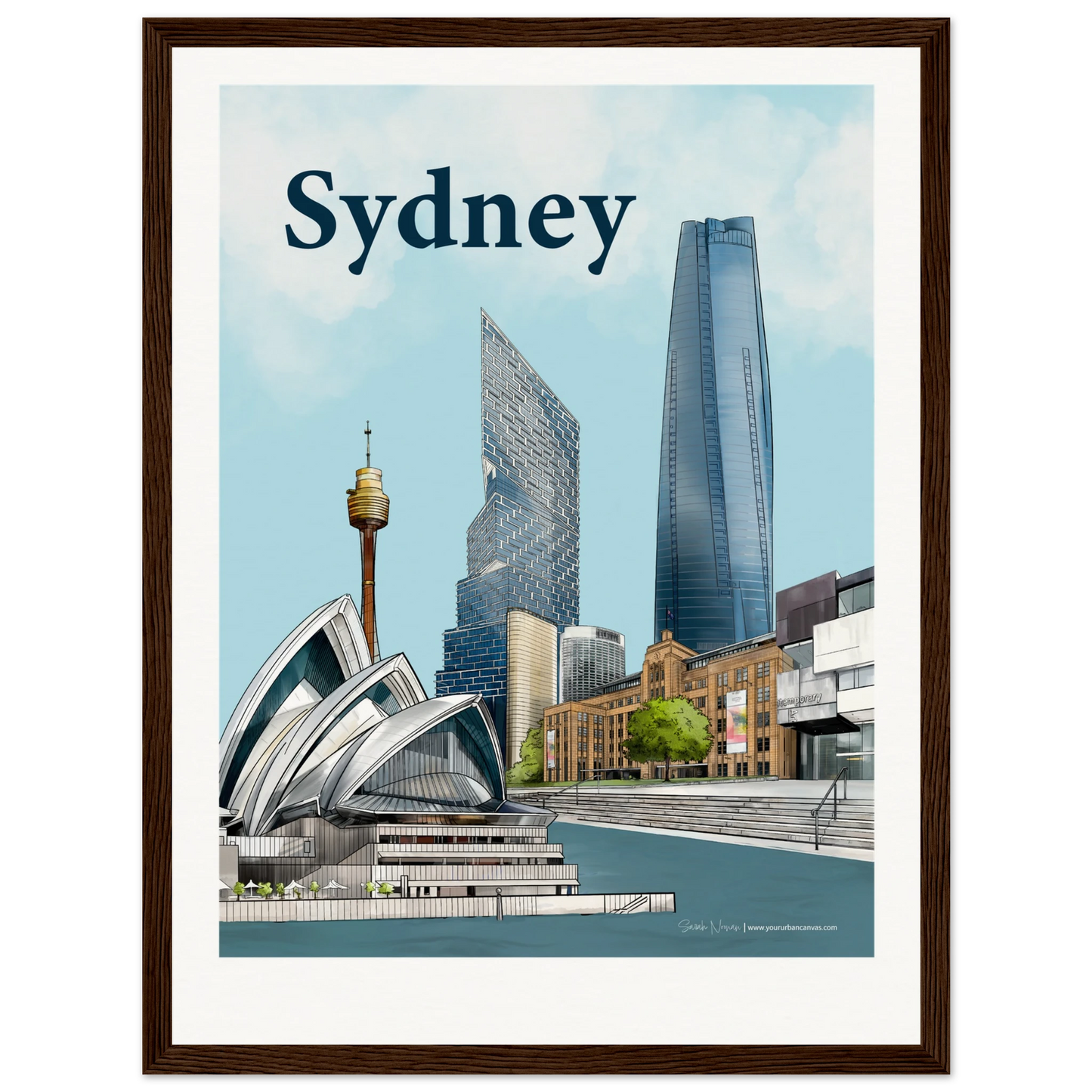 Create a Perfect Gift - Bold Typography print, size 30x40cm, framed in dark wood, showcasing the Sydney Opera House, MCA, and Sydney Harbour skyline with One Barangaroo, Quay Quarter Tower, and Sydney Tower Eye.