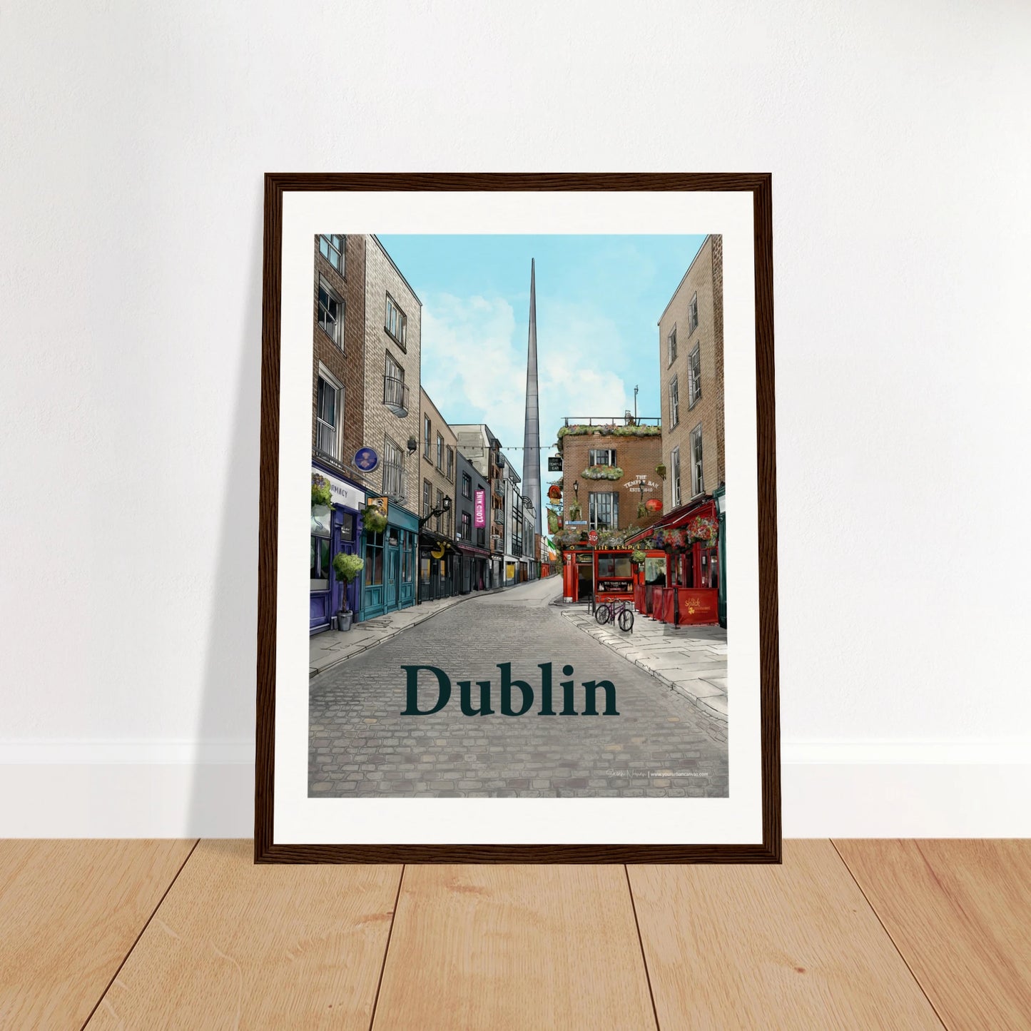 Dublin - Bold Typography print, size 30x40cm, framed in dark wood, highlighting Temple Bar's charming cobbled street, historic buildings, and The Temple Bar Inn, with The Spire in the background.